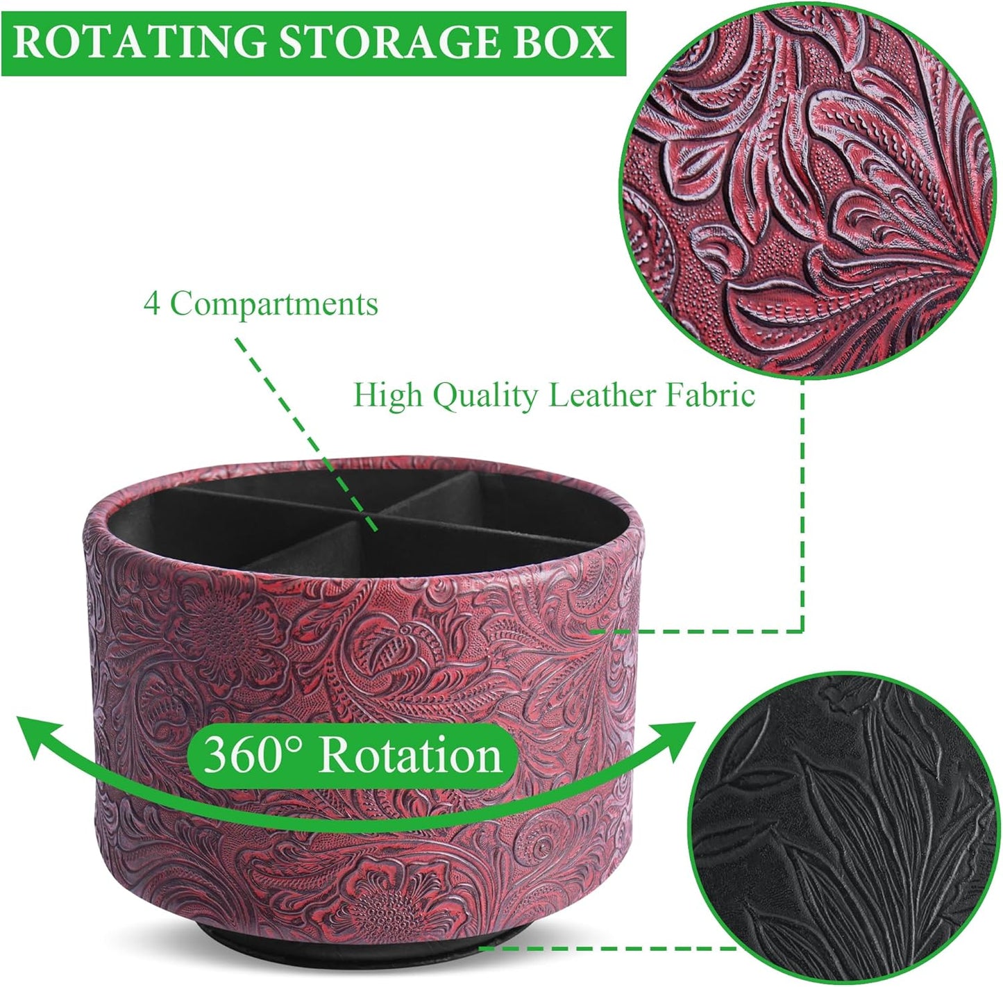 lizimandu Round Leather Art Supply Organizer,Remote Control Holder,360 Degree Spinning,Multi-Functional Pencil Holder,4 Compartments Desktop Stationary Organizer(1-Carved Red)