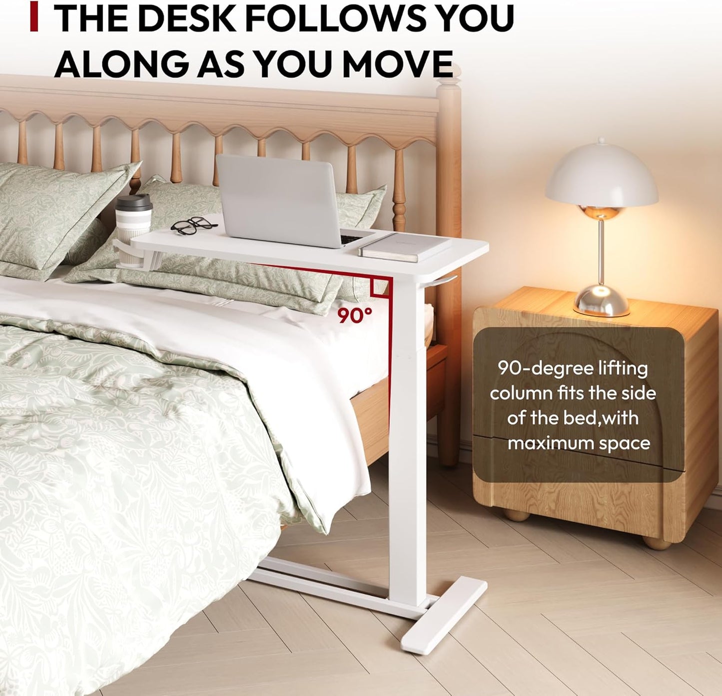 SANODESK Mobile Standing Desk with Hidden Wheels,Pneumatic Laptop Desk Rolling Computer Cart Movable Height Adjustable Small Sit Stand Desk for Home Office(31.5" W x 15.7" D,White)