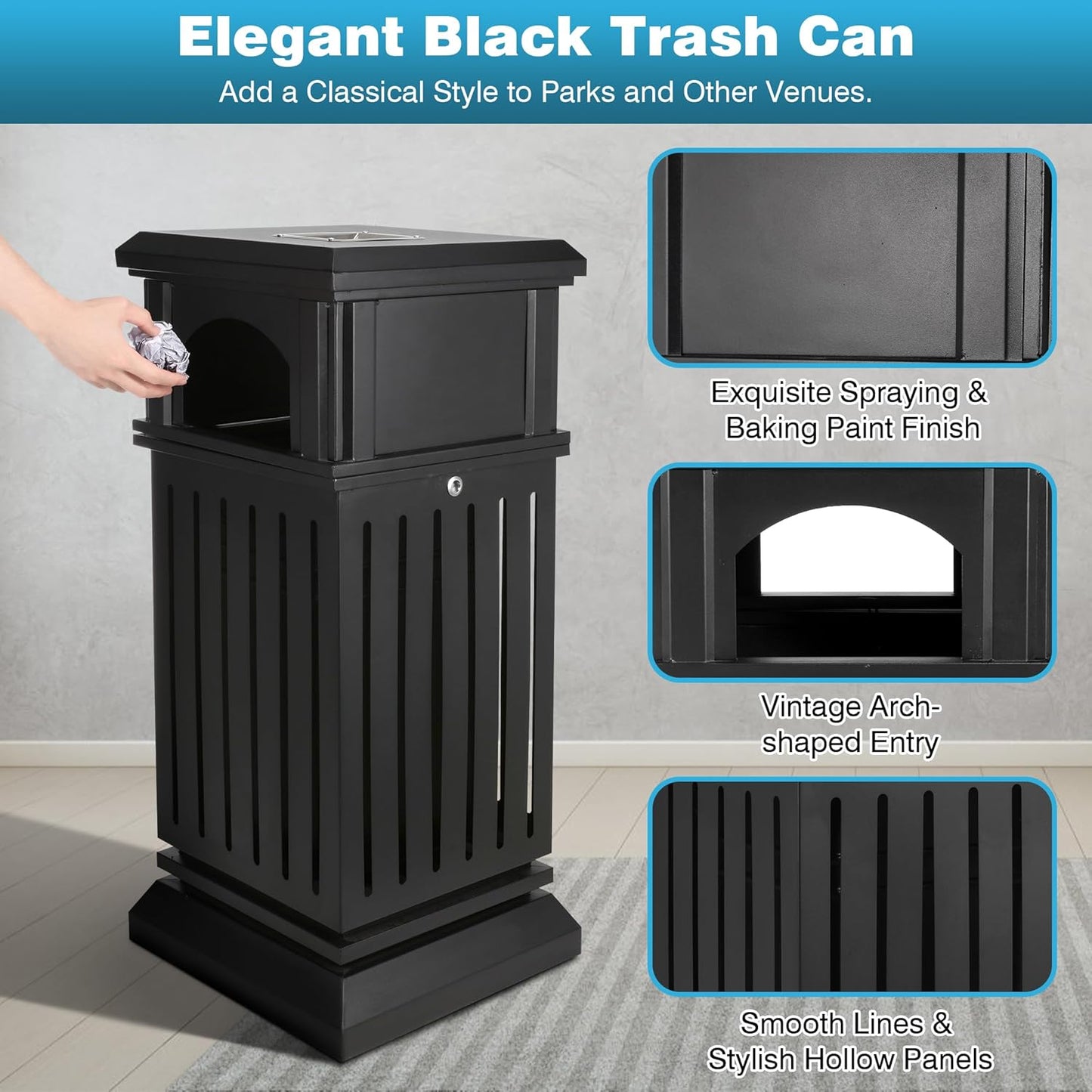 IRONWALLS Commercial Trash Can with Lid, Black Outdoor Garbage Can for Patio, Side Opening Steel Square Commercial Waste Bin, Decorative Trash Container with Removable Inner Bucket for Park, Garden