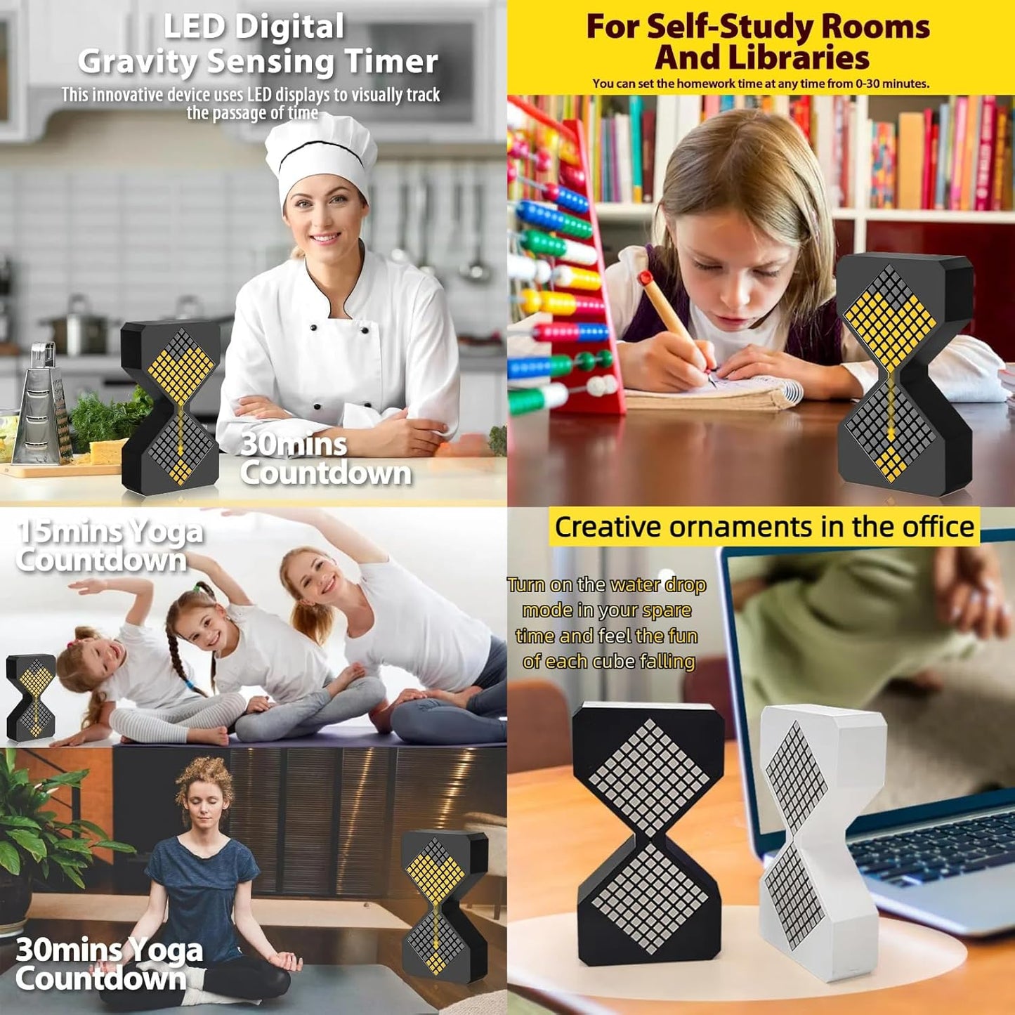 Digital Hourglass 1-30 Minute Freely Adjustable Gravity Timer Dynamic Flow Cube Led Night Light Hourglass Timer for Classroom Home Office Cooking (Black, White Light Source)