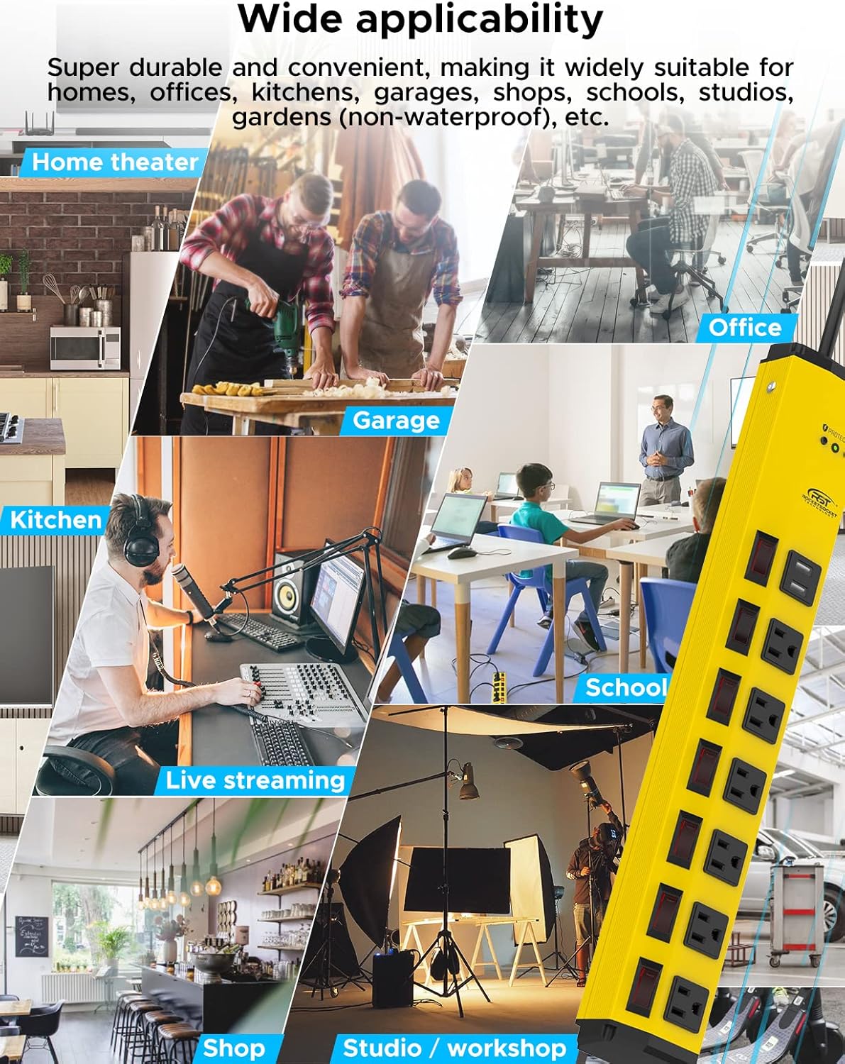 CRST 6-Outlet Heavy Duty Power Strip with USB and Individual Switches, 1200 Joules Metal Mountable Surge Protector Power Strip 15A Circuit Breaker, 6FT Extension Cord for Garage, Workshop, Home