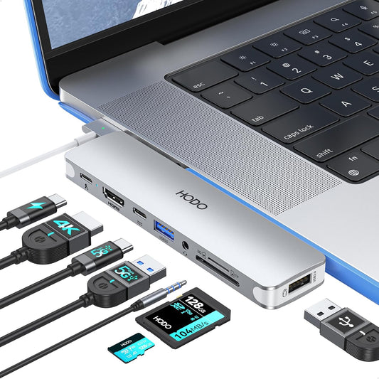 Apple MacBook Pro/Air USB-C Adapter Hub - Multiport 8-in-2 with HDMI, Thunderbolt 3, USB 3.0, 2.0, SD/TF Card Reader, Silver