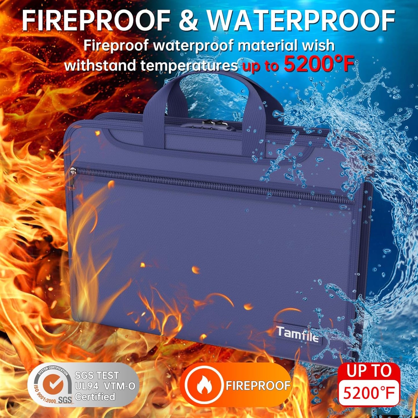 5200℉ Fireproof Accordion File Organizer with Lock, Thickened Document Organizer 13 Pocket with Zipper & Labels, Important Document Organizer, Expanding File Folder with Handle for Letter A4 (Blue)