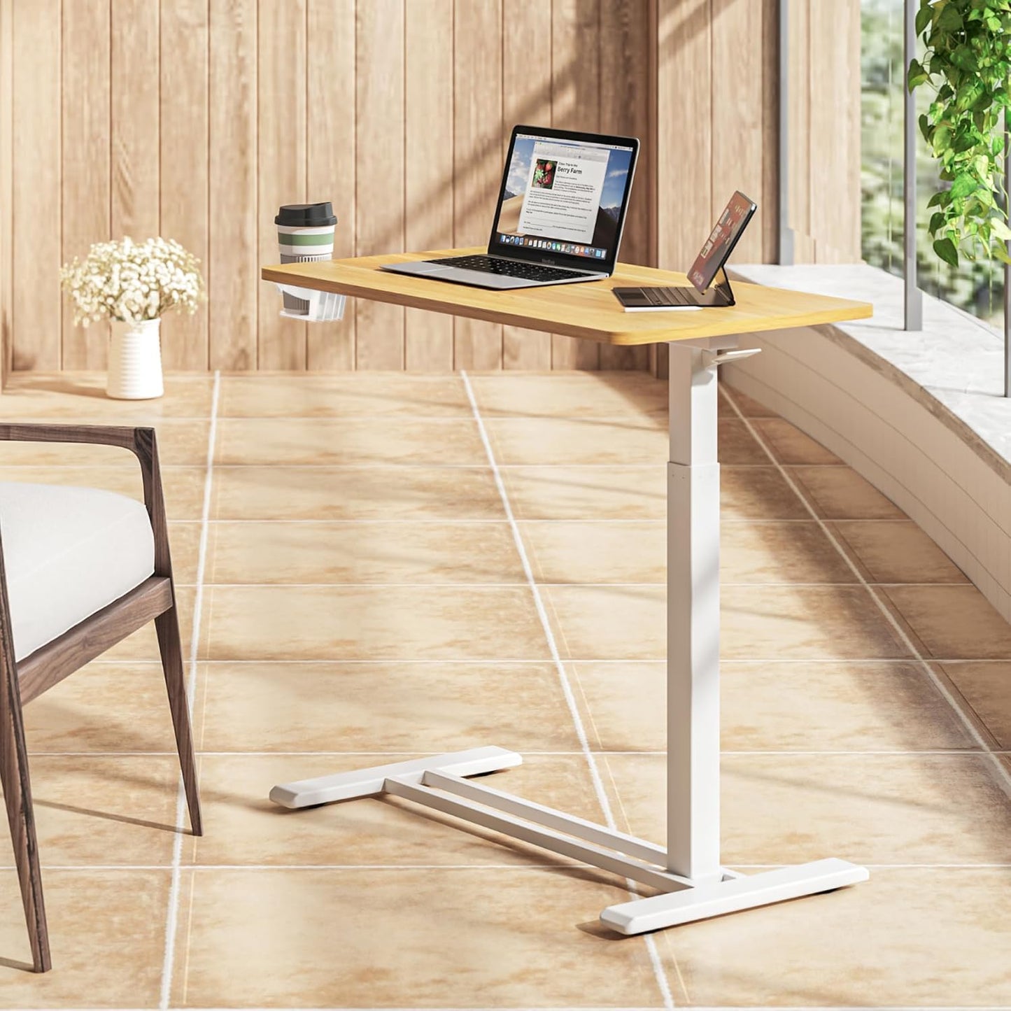 SANODESK Mobile Standing Desk with Hidden Wheels,Pneumatic Laptop Desk Rolling Computer Cart Movable Height Adjustable Small Sit Stand Desk for Home Office(31.5" W x 17.7" D,Maple)