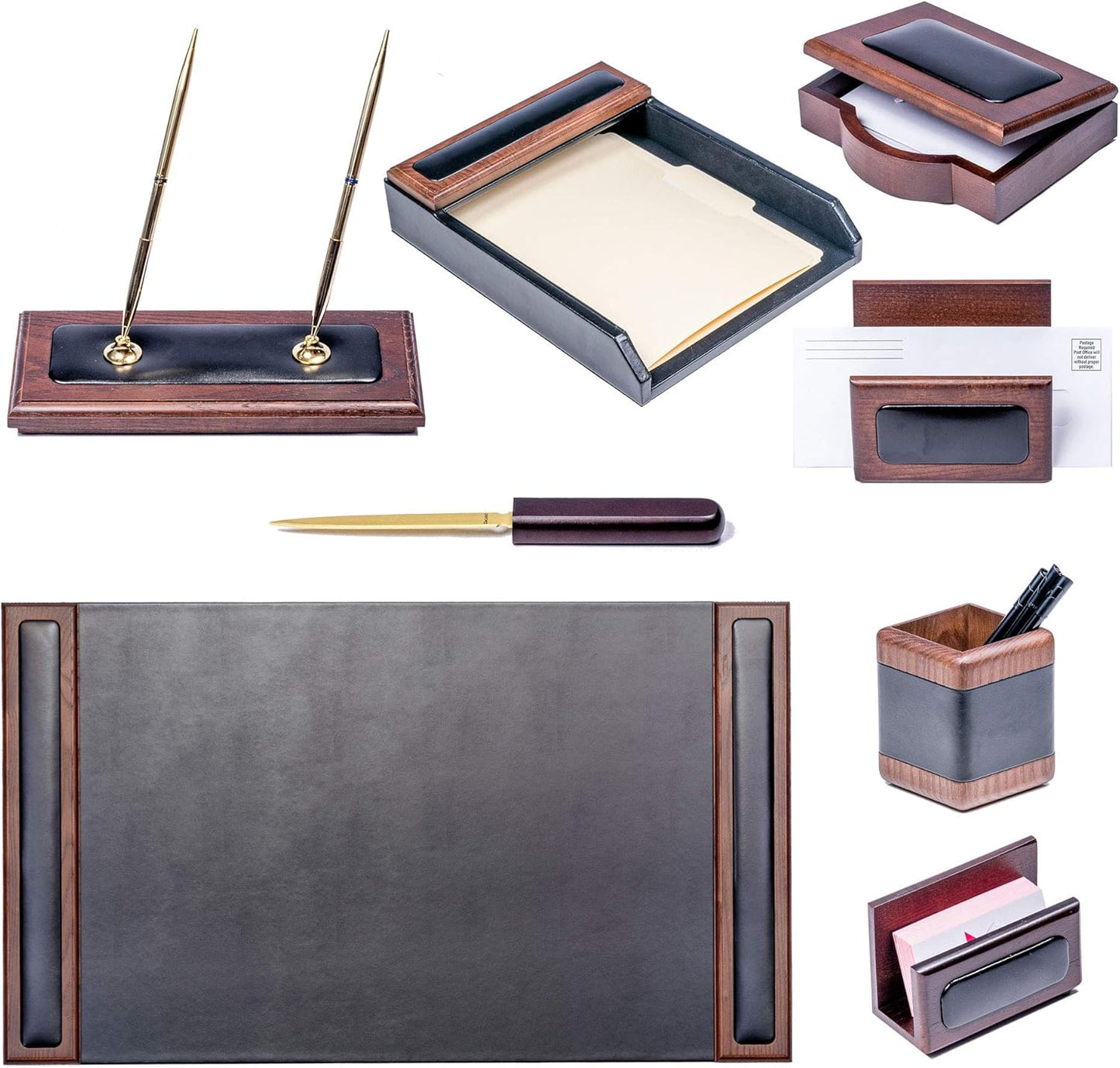 Dacasso Wood & Leather Desk Set - Luxury Leather Desk Pad & Desk Organization Essentials - Office Organization & Executive Desk Decor - (Walnut and Black, 8 Piece)