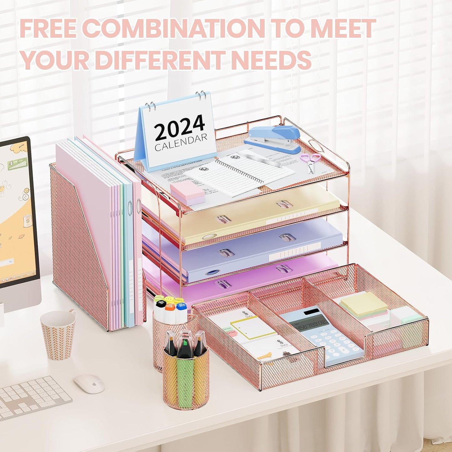 Desk Organizer and Accessories, 4-Tier Desktop File Organizer with Drawer and 2 Pen Holders, Office Desk Accessories for Office Supplies(Rose Gold)