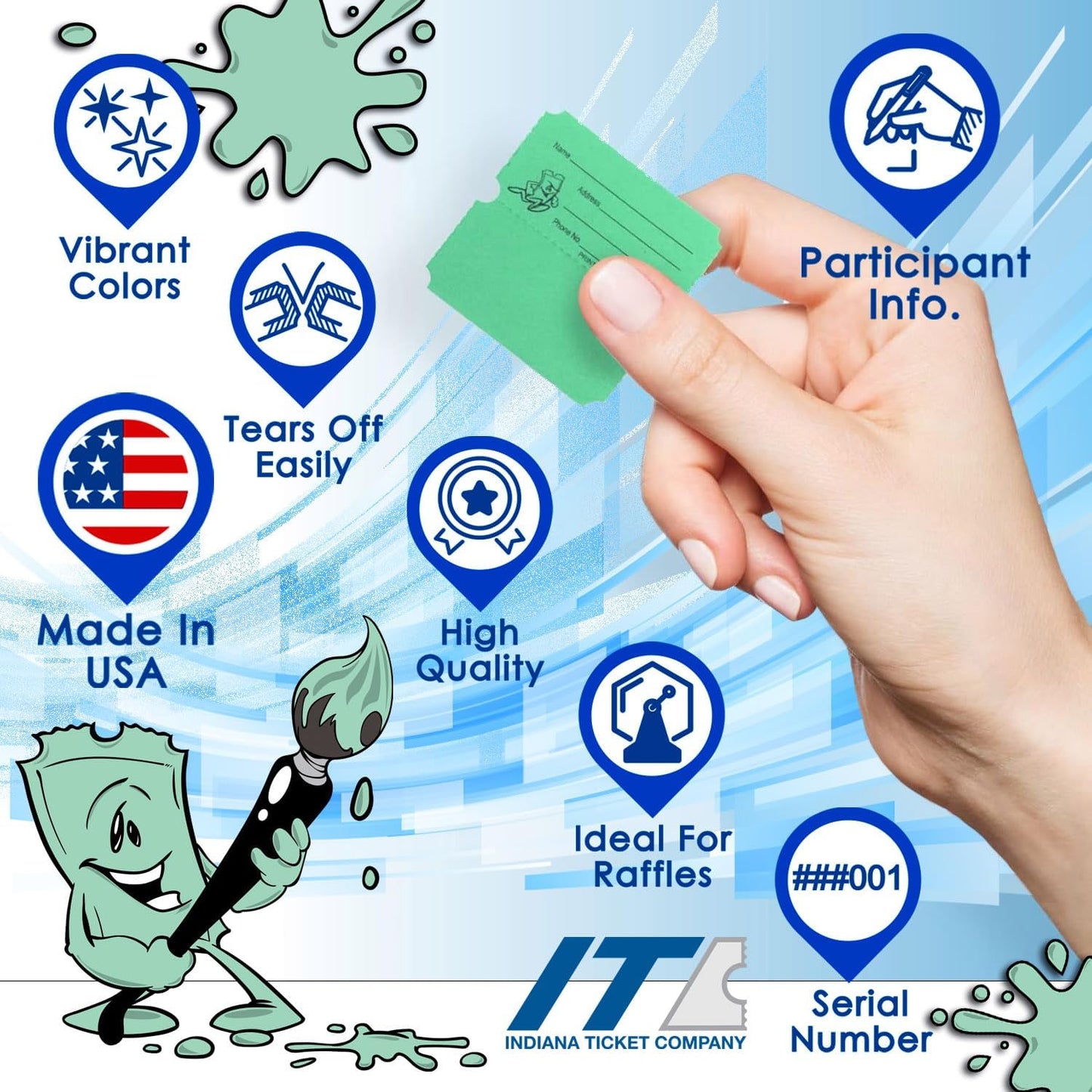 INDIANA TICKET CO. 1,000 Green Raffle Tickets Double Roll, Premium Quality 50/50 Raffle Tickets, Tickets for Events, Carnivals, Door Prizes, Drinks and More
