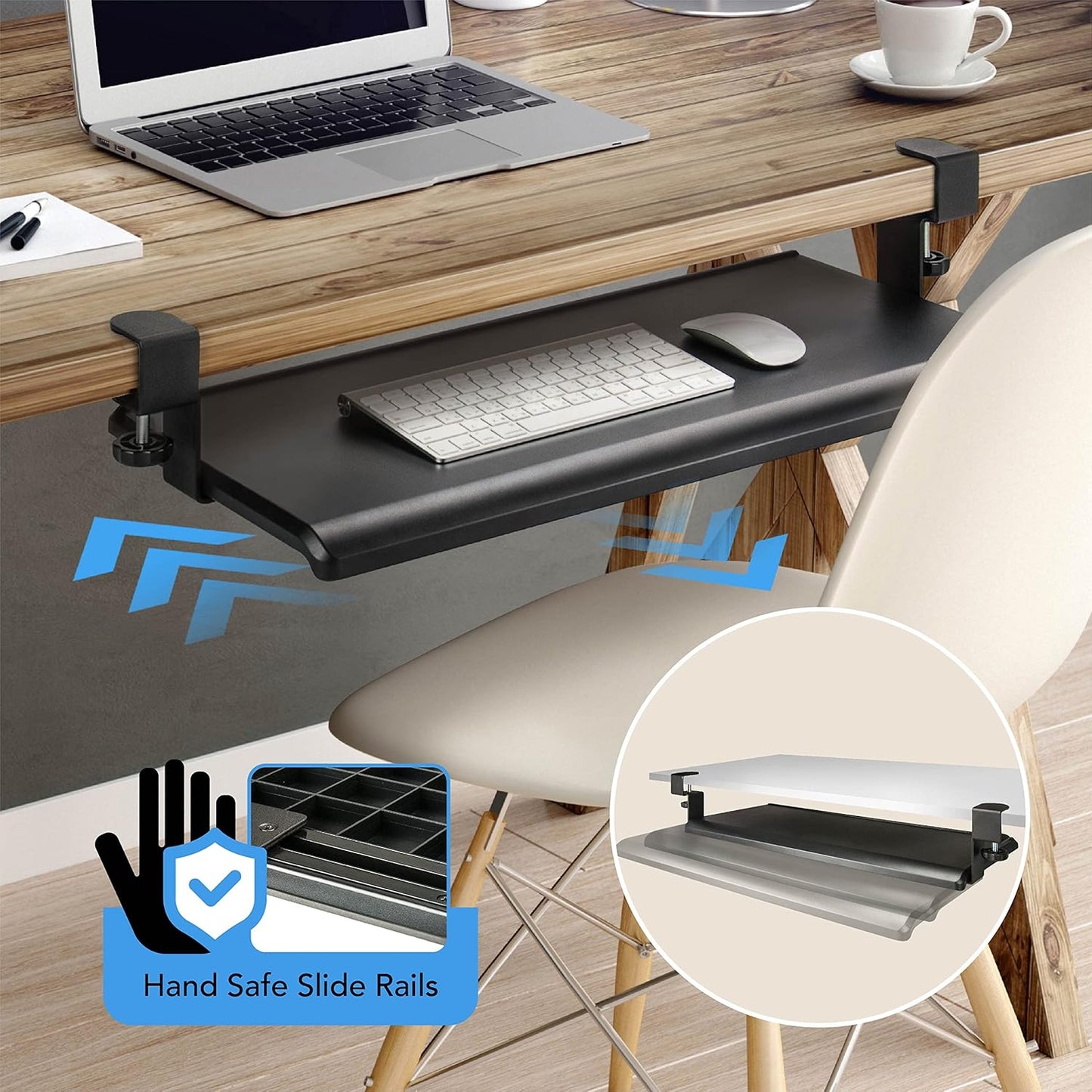 EHO Clamp-On Retractable Adjustable Keyboard Tray, Under Desk Ergonomic Keyboard Tray - Easy Tool-Free Install - Large Surface 27.5" (31.8" Including Clamps) x 12.5" Home & Office