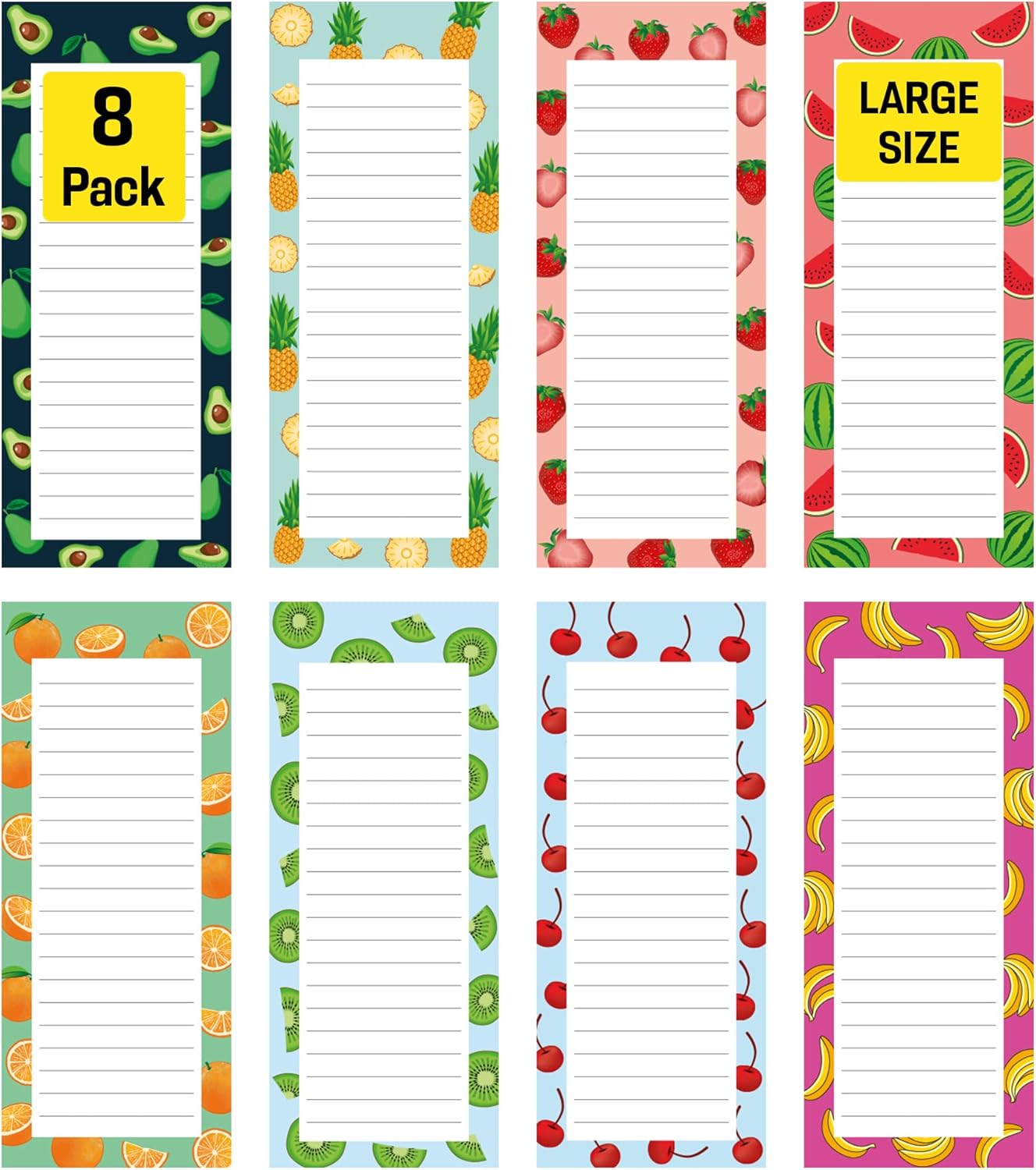 8 Large Magnetic Notepads – Big Notepads for Grocery List, Shopping List, To-Do List, Reminders -Strong Magnetic Back- Memo Pads with Realistic Fruit Designs | 60 Sheets per Pad 9 x 3.5 inch (8 Pack)
