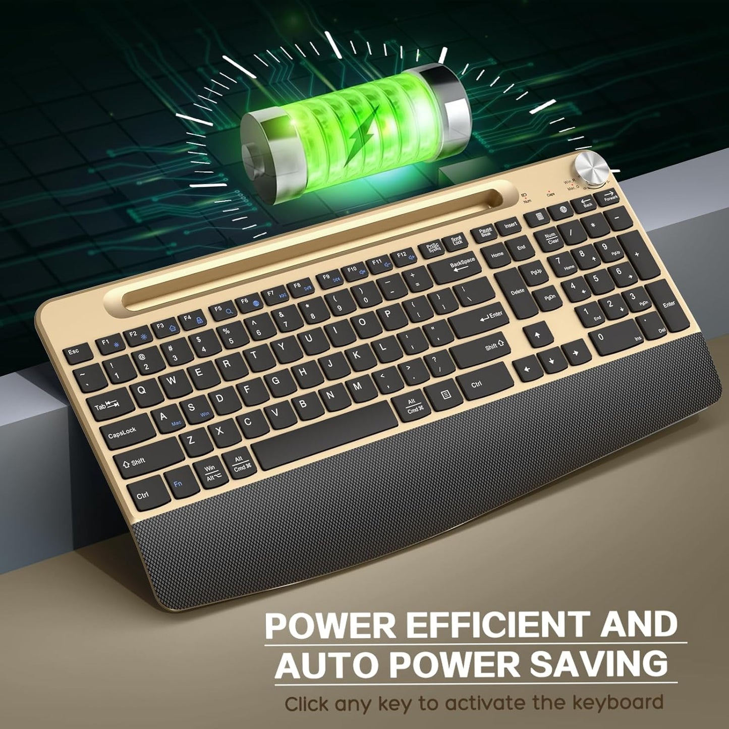 Ergonomic Wireless Keyboard with Wrist Rest-Low-Profile,Phone/Tablet Holder,Quiet Design，Windows & Mac OS，Full Size Cordless USB Computer Keyboard for Desktop,Laptop, PC, Mac, Windows-Gold