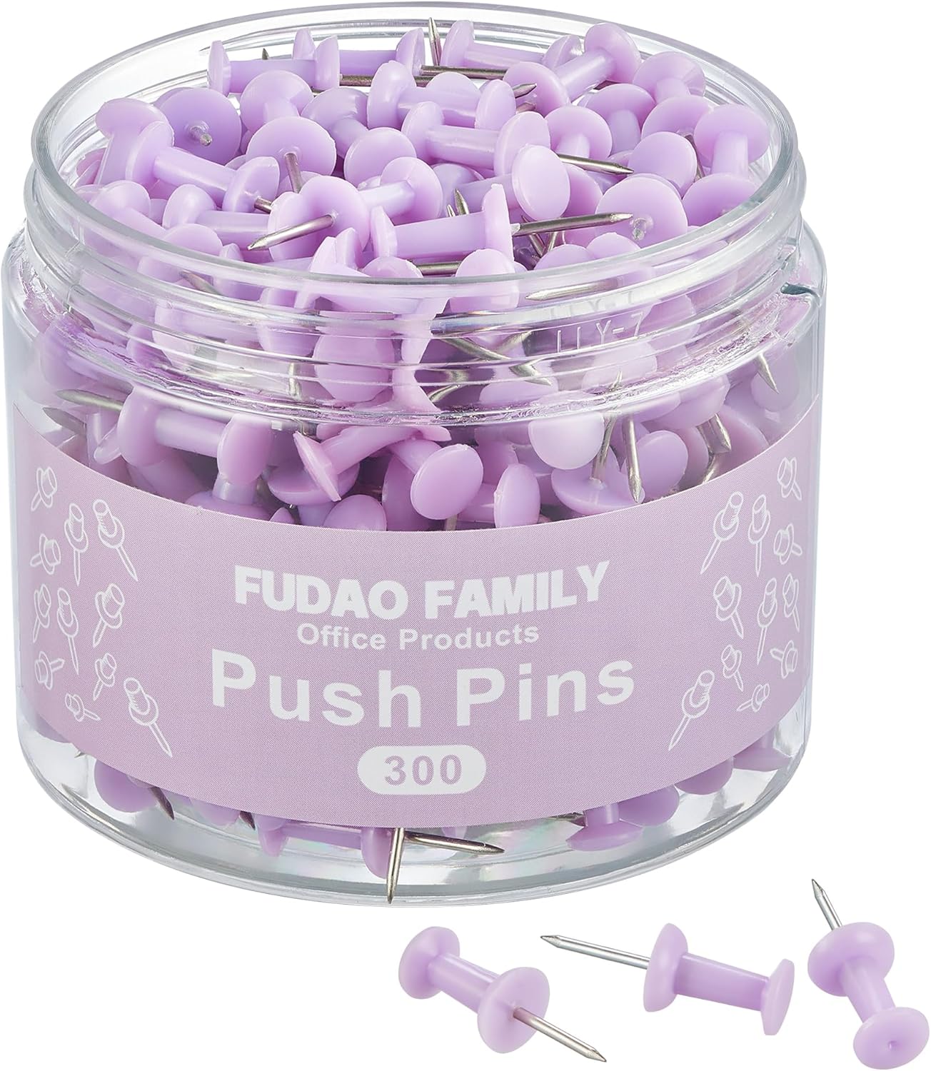 FUDAO FAMILY 300pcs Push Pins for Bulletin Board, Thumb Tacks for Wall Corkboard, Map Pins - Home Office Craft Projects Plastic Head Steel Push Pin (Purple)