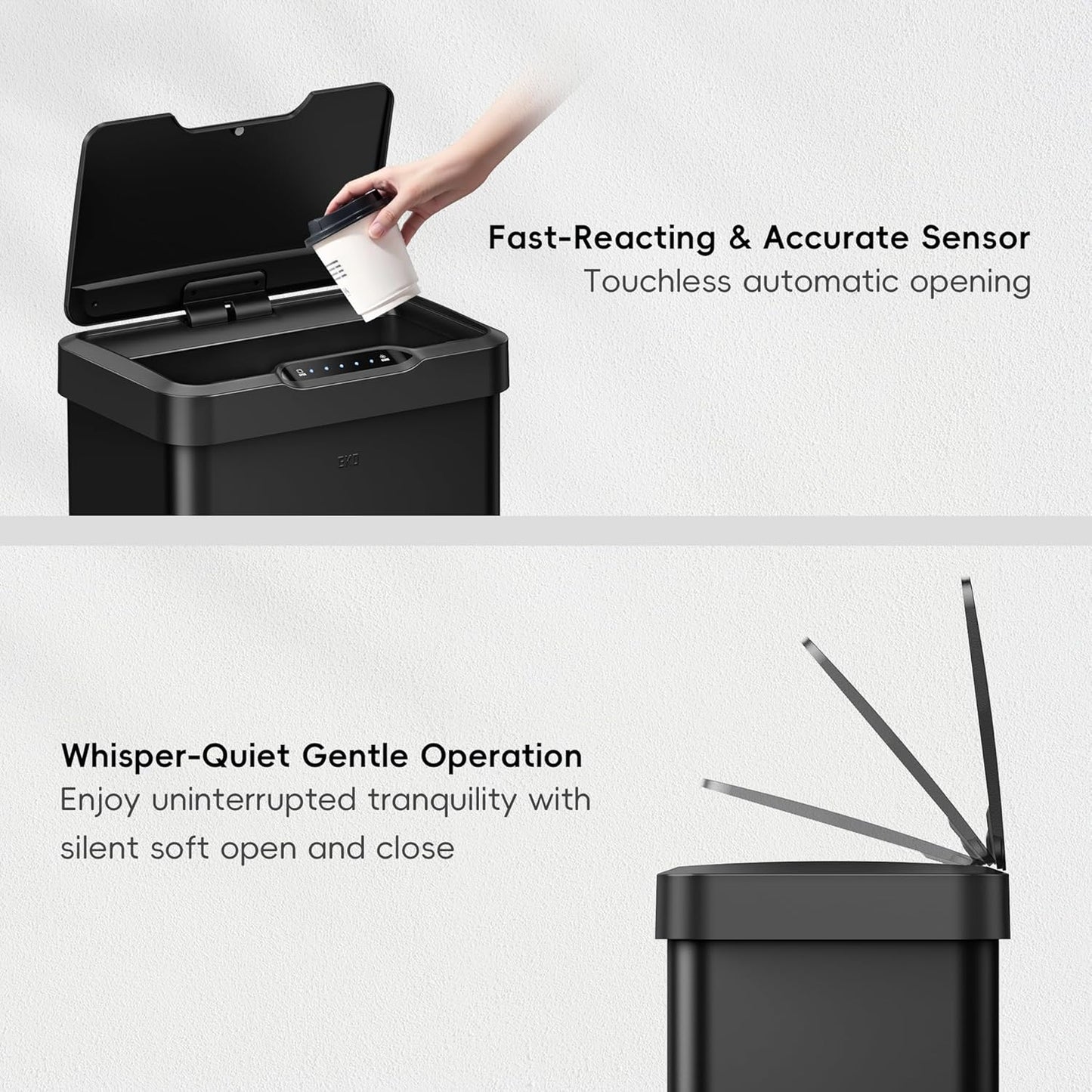 EKO Mirage-T 50 Liter / 13.2 Gallon Touchless Rectangular Motion Sensor Trash Can, Brushed Stainless Steel Finish (Matte Black)