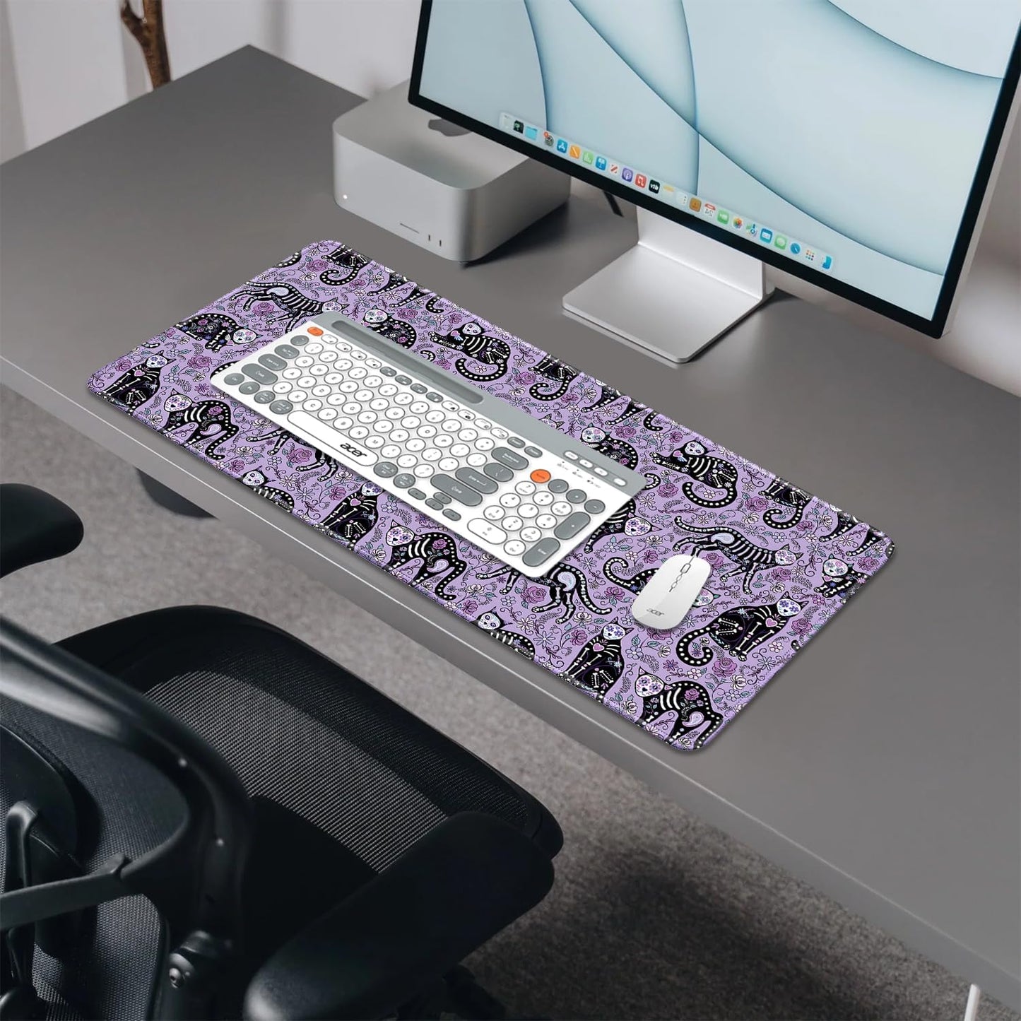 Gothic Cat Skeleton Flowers Mouse Pad,Extended Cat and Floral Mousepad Desk Pad with Stitched Edges,Non-Slip Waterproof Rubber Base Mouse Mat for Office Computer Keyboard Laptop Home(27.5x11.8 in)