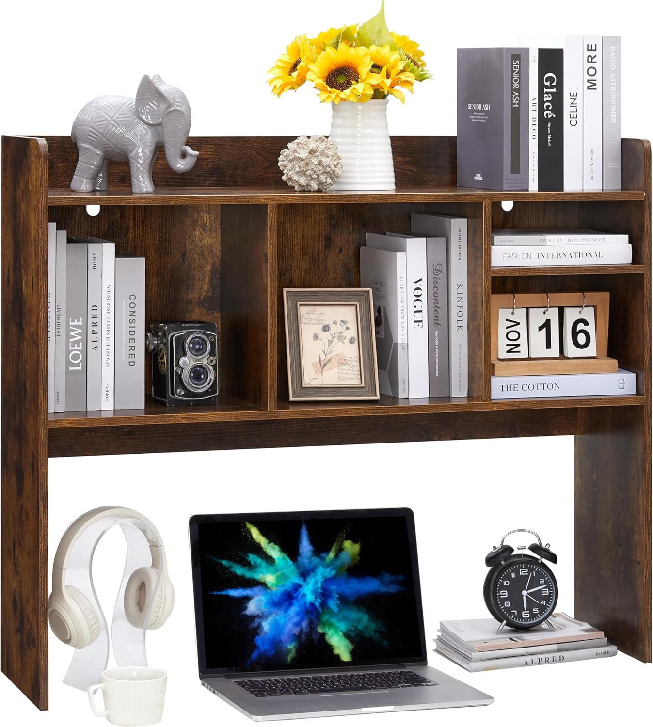 Desktop Bookshelf, Wooden Desk Storage Hutch with 6 Shelves for Computer Desk, 3-Tier Desktop Display Organizer Rack for Office Home (Brown)