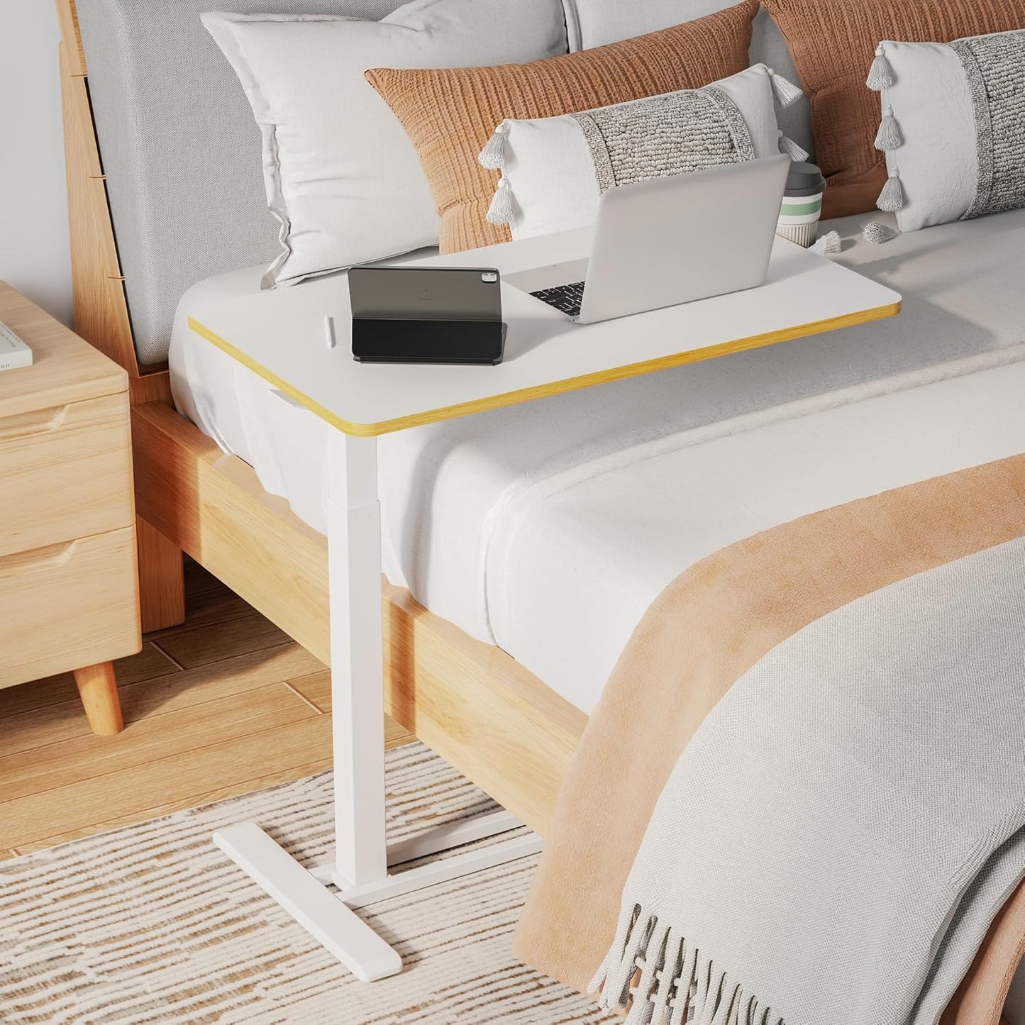 SANODESK Mobile Standing Desk with Hidden Wheels,Pneumatic Laptop Desk Rolling Computer Cart Movable Height Adjustable Small Sit Stand Desk for Home Office(27.6" W x 15.7" D, White+Maple Band)