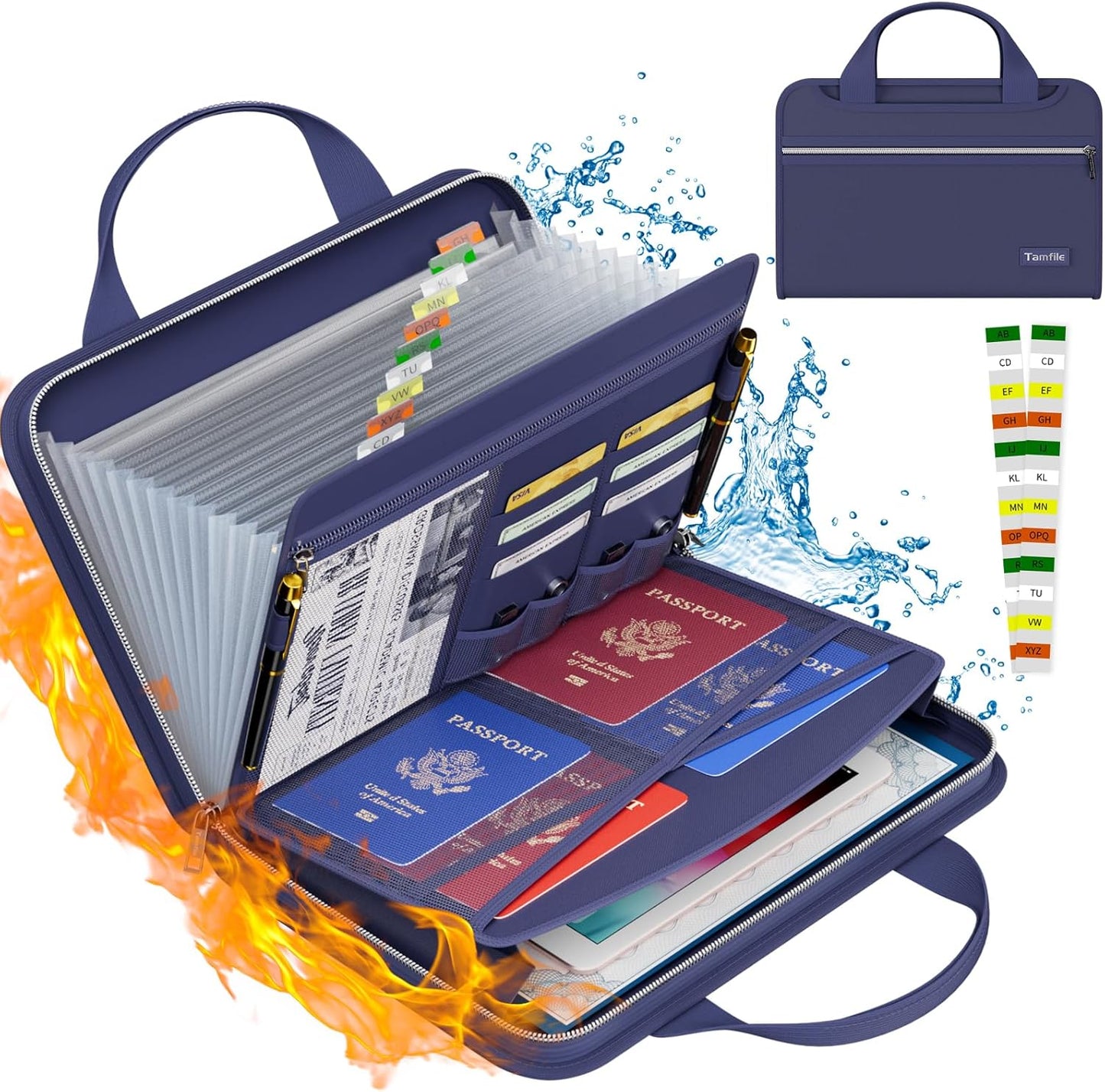 Tamfile Fireproof Accordion File Organizer with Handle, 13 Pocket Expanding File Folder with Zipper & Labels, File Folder with Multi-Pockets Paper Organizer Folder for Letter A4 Files, Blue