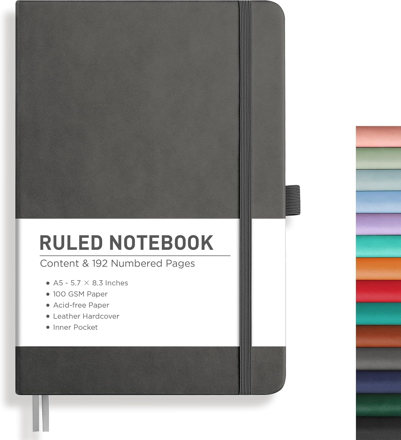 RETTACY Lined Journal Notebook, 192 Numbered Pages, A5 Medium Size (5.7'' x 8.3''), for Men & Women, Journaling, Writing, Work & Office, Leather Hardcover, 100 GSM Thick Paper (Gray)