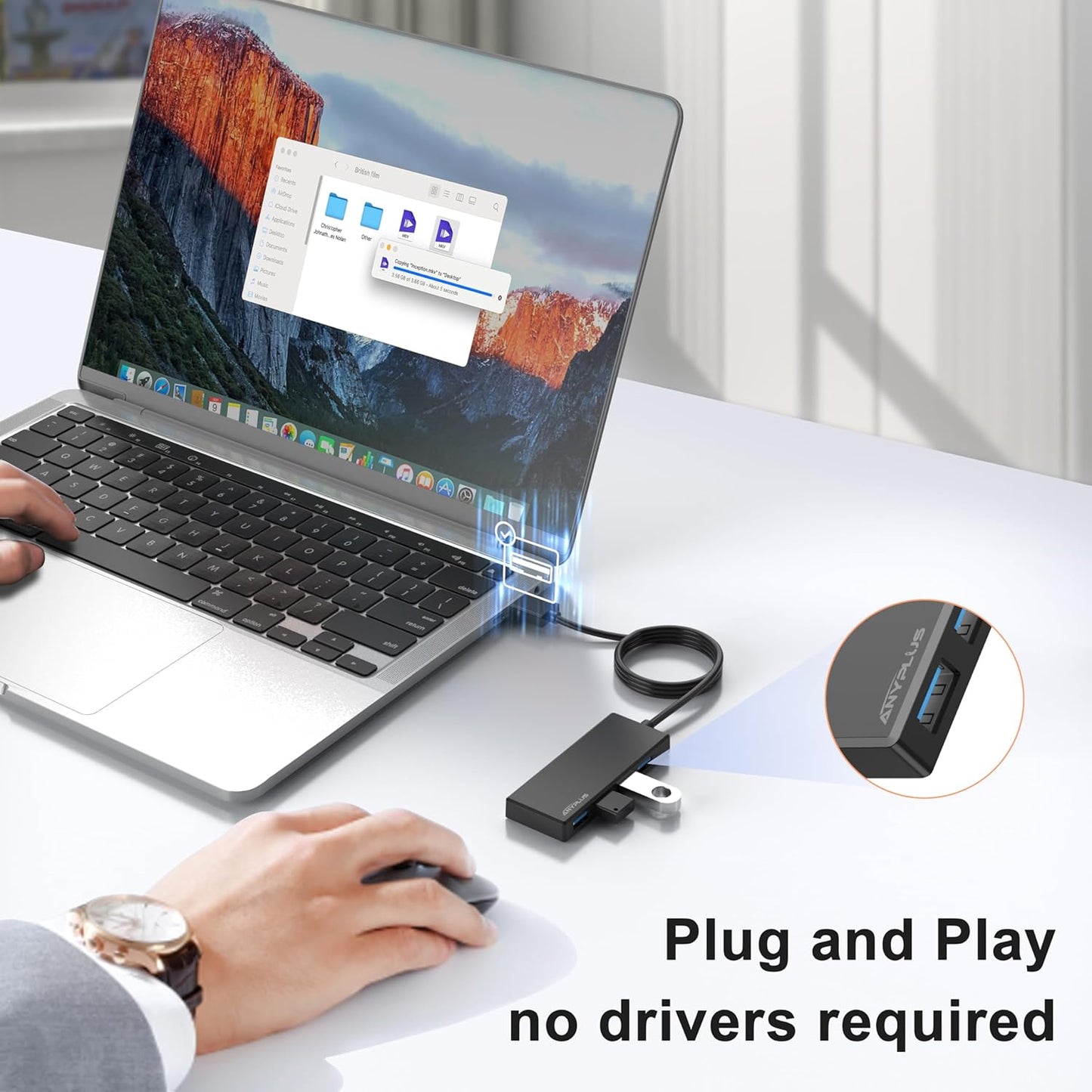 USB Hub, Multiport USB Splitter Adapter, 2 ft Long Cable USB 3.0 Hub, USB Extender for Laptop, PC, iMac, Surface Pro, MacBook, Mac Pro, Flash Drive, XPS, Mouse, HDD