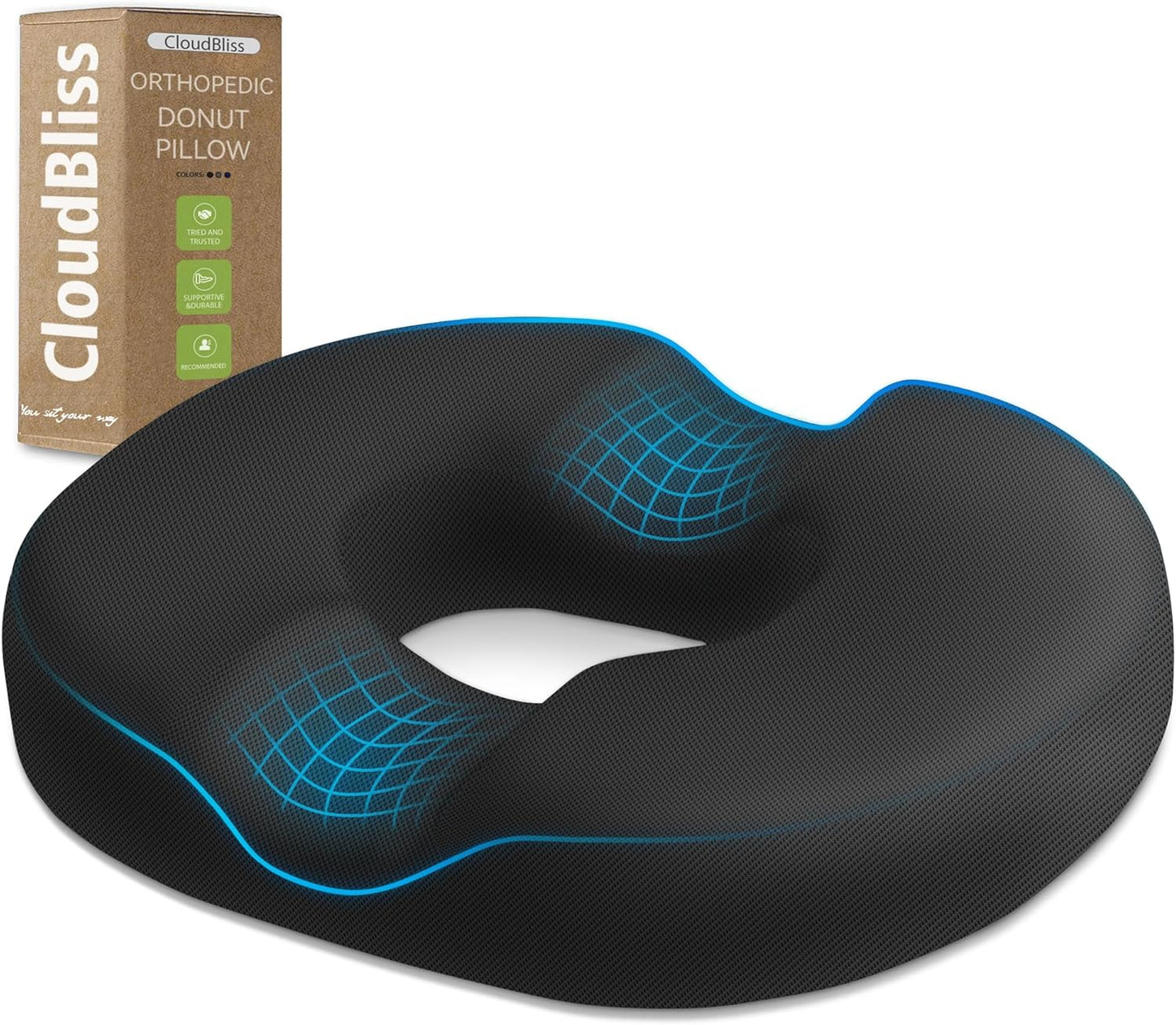 Donut Pillow Seat Cushion Chair Pad for Tailbone Pain Relief and Hemorrhoids, Memory Foam Seat Chair Cushion for Postpartum Pregnancy, Seat Cushions for Men and Women for Home & Office, (Black)