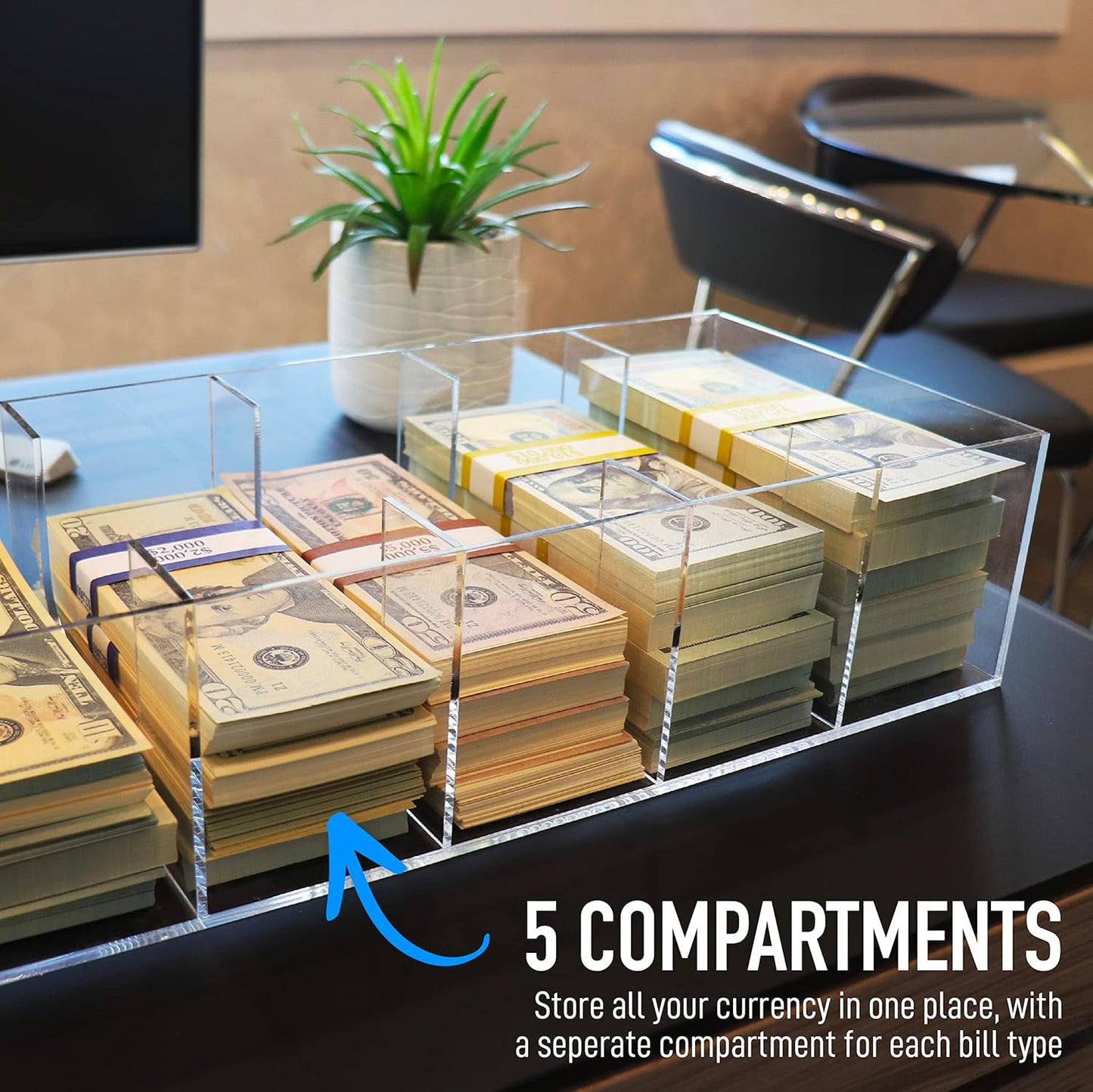 Clear Currency Tray, 5 Compartment Cash Organizer Money Storage Box, 300 Currency Wrappers Included