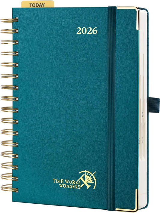 POPRUN 2026 Daily Planner One Page A Day - [8.5" x 5.75" Wire-Bound Hard Cover] Agenda 2026 Hourly Appointment Book with Monthly Calendar, Inner Pocket, Ivory Paper - Pacific Green