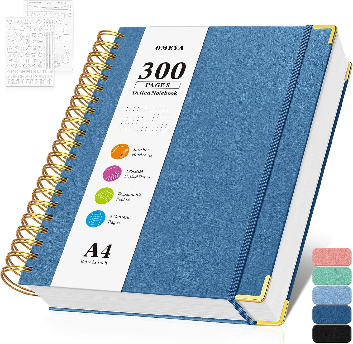 Bullet Dotted Journal Spiral Notebook, 300 Pages Leather Notebooks with Contens, 120 GSM Thick No Bleed Through Paper Journals, A4 Dot Grid Notebook for Women Men Work Writing, 8.5" x 11", Dark Blue