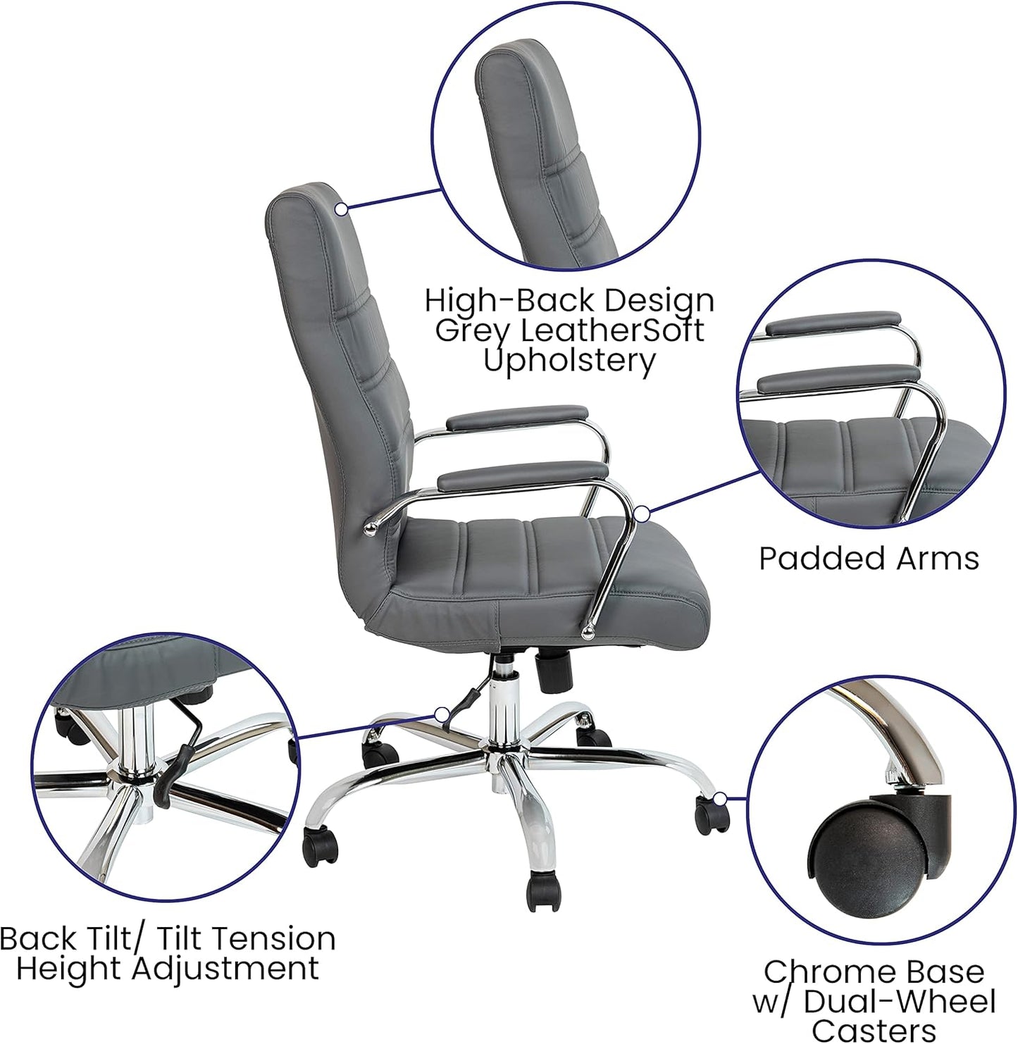 Flash Furniture Whitney High-Back Swivel LeatherSoft Desk Chair with Padded Seat and Armrests, Adjustable Height Padded Office Chair, Gray/Chrome