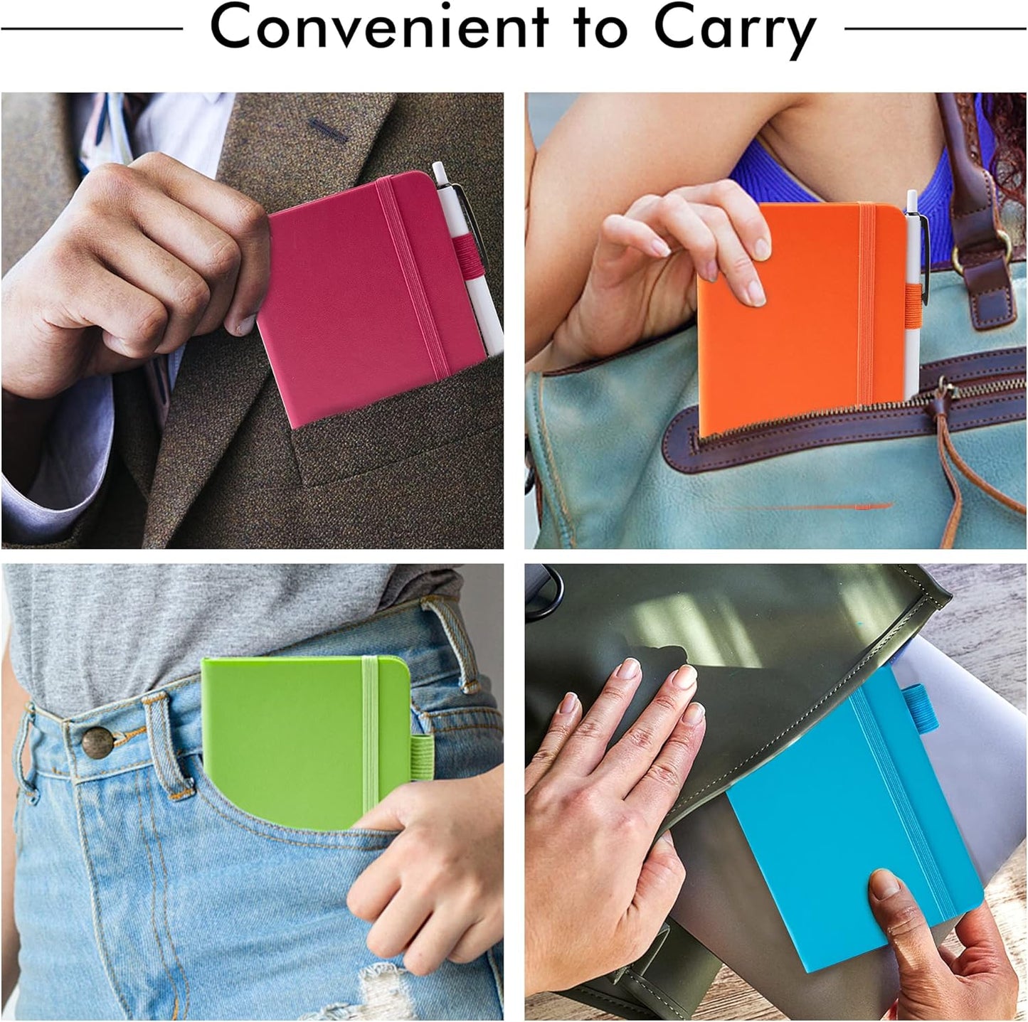 feela Pocket Small Notebooks Bulk, Mini Cute Notepads Hardcover College Ruled Lined Journals with Pen Holder for School Business Memos, with 15 Black Pens, 3.5”x 5.5”, 15 Pack, A6, Solid Colors