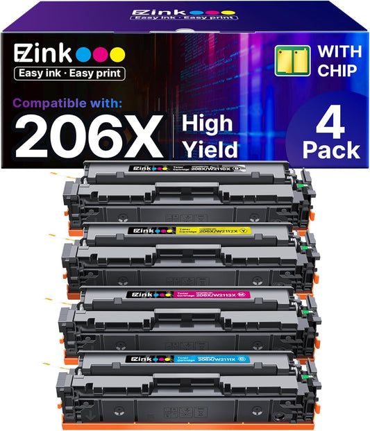 E-Z Ink 206X Toner Cartridges 4 Pack High Yield Compatible for HP 206X 206A W2110X W2110A to Use with HP Color Laserjet Pro MFP M283fdw M283cdw M283fdn M282nw M255dw M255nw M283 (with Chip -B/C/Y/M)