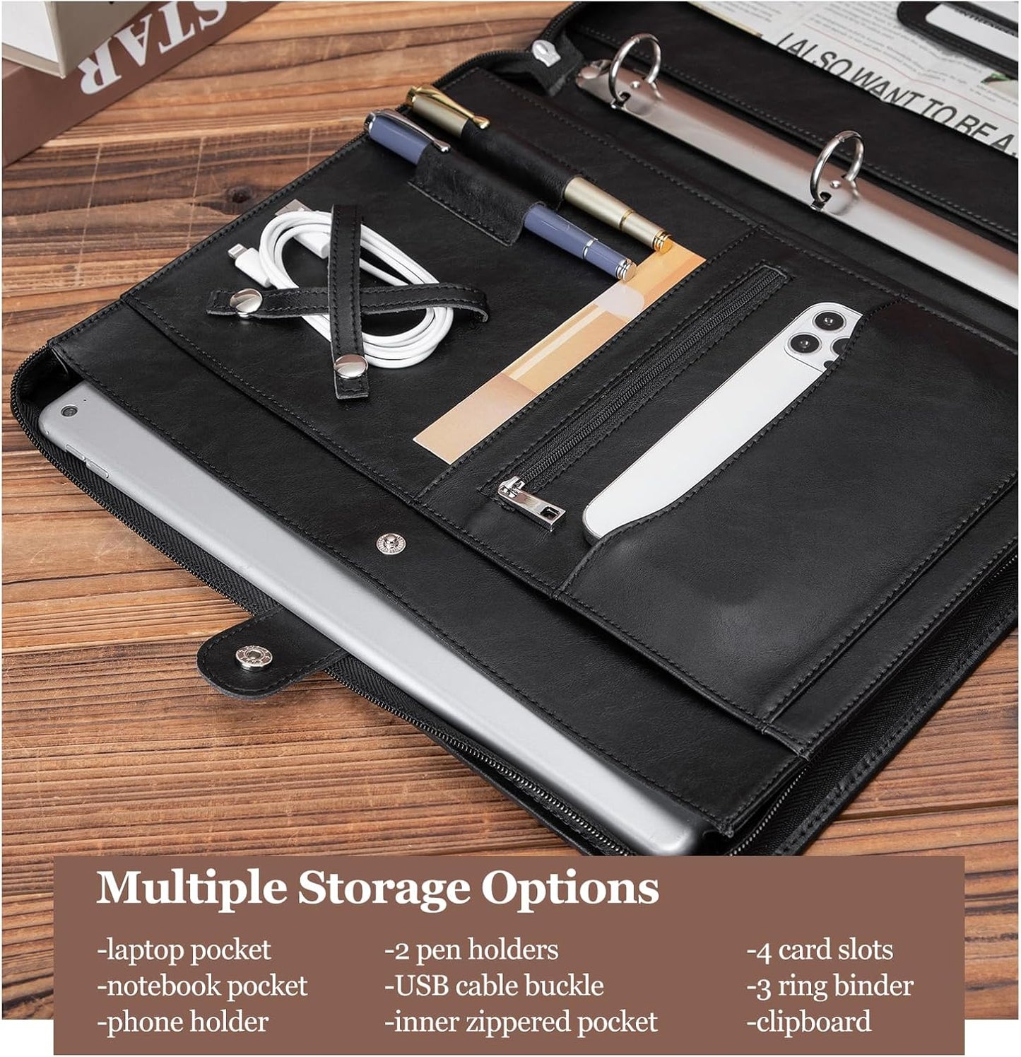 Vegan Leather Portfolio 3 Ring Binder with Clipboard, Hidden Handle, 8.5 x 11 Zippered Padfolio, Business Organizer Professional Executive Folio for Men and Women, Black
