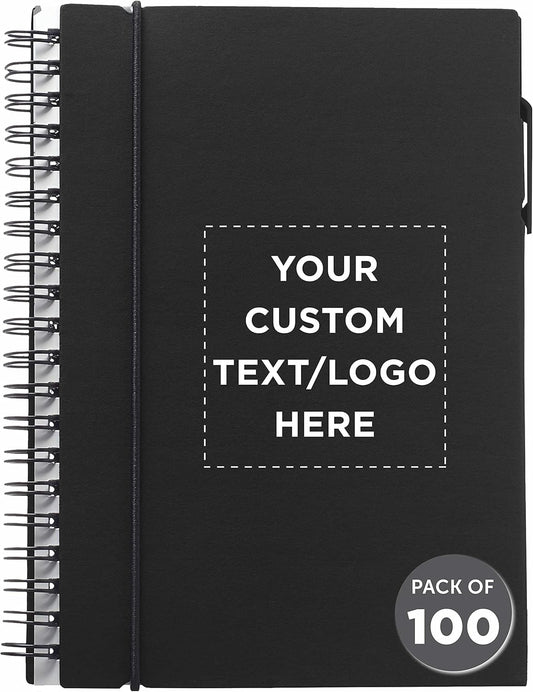 DISCOUNT PROMOS Custom Spiral Notebooks with Elastic Closure Set of 100, Personalized Bulk Pack - Perfect for School, Office, Business and More - Black