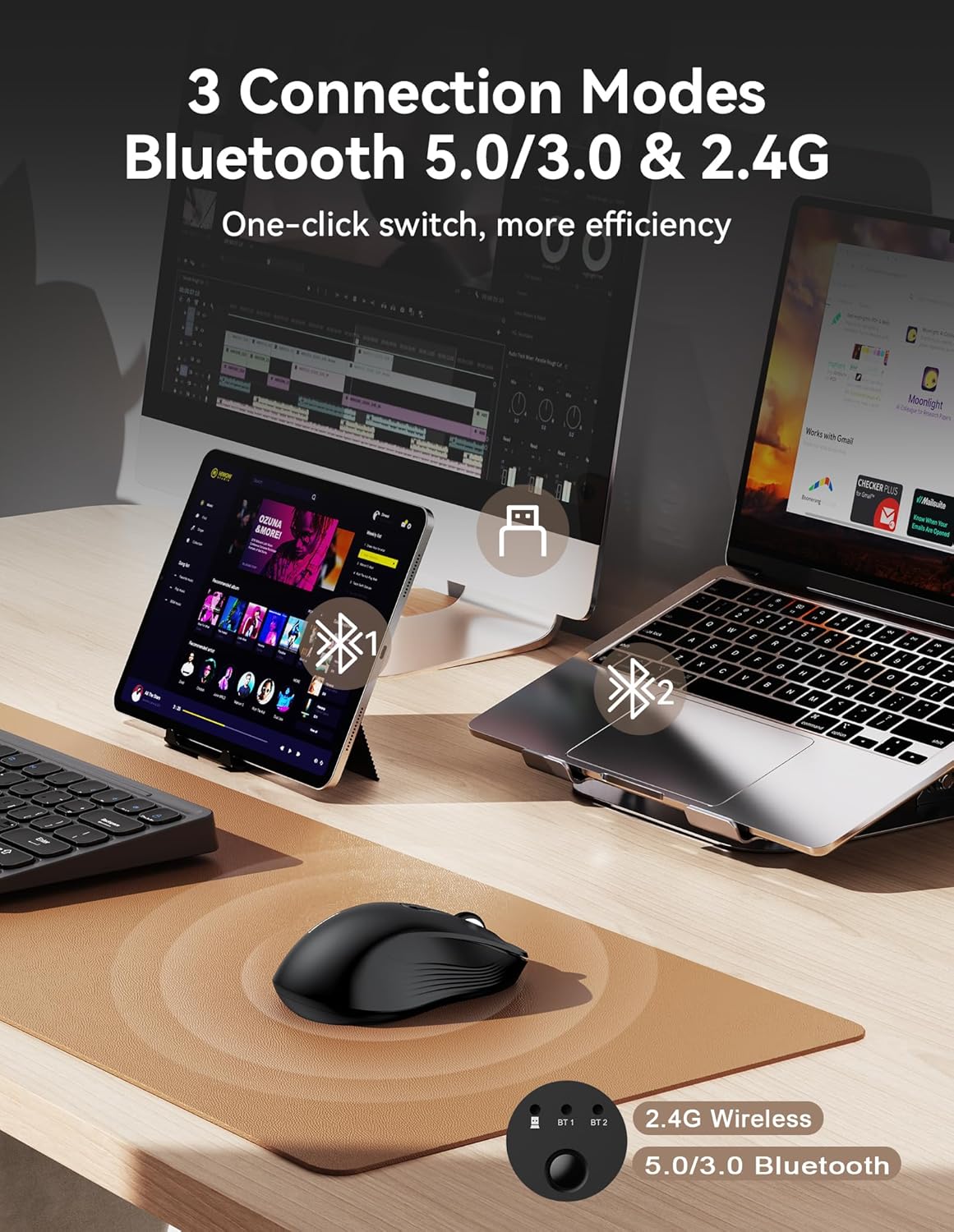 TECKNET Bluetooth Mouse, [ USB + BT1 + BT2 ] Wireless Mouse for Laptop, Silent Click, Full-Size, 4800 DPI Computer Mice Wireless, Dual Mode for Laptop, Computer, iPad, MacBook