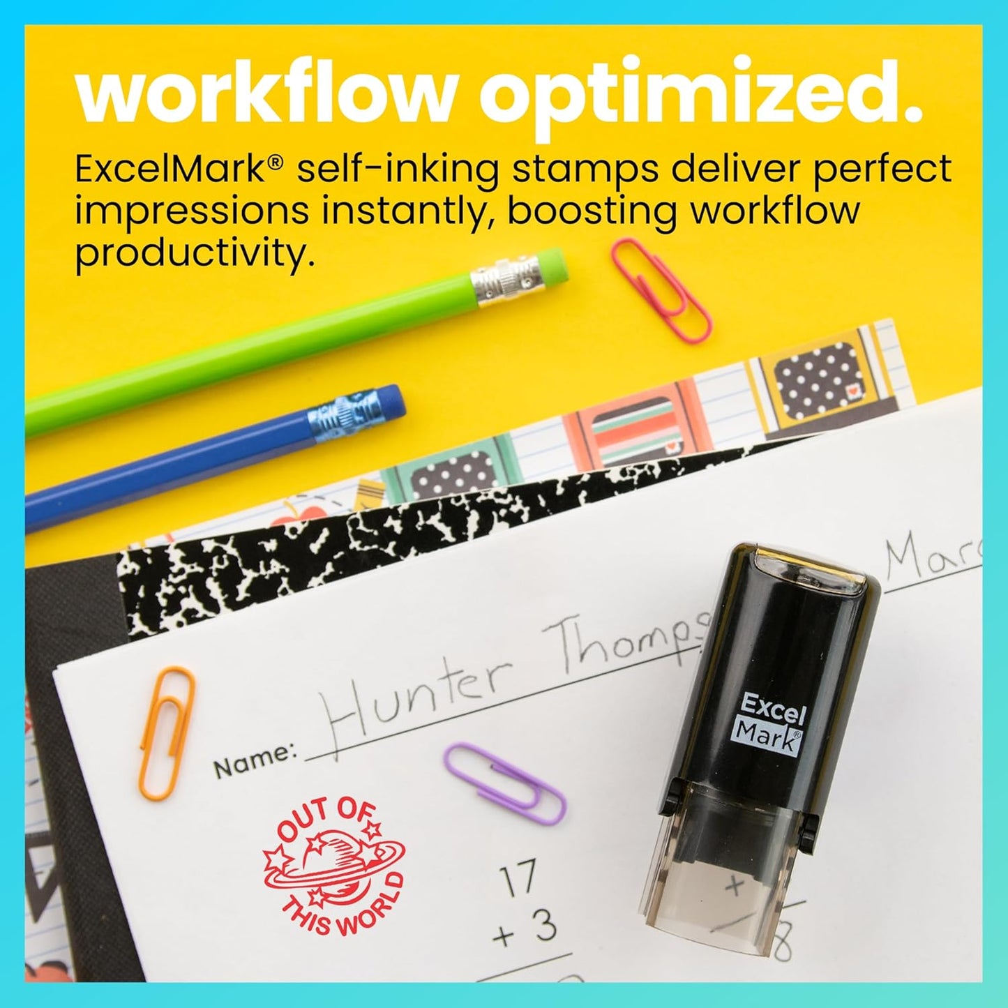 ExcelMark Round Teacher Stamp - Out of This World - RED Ink