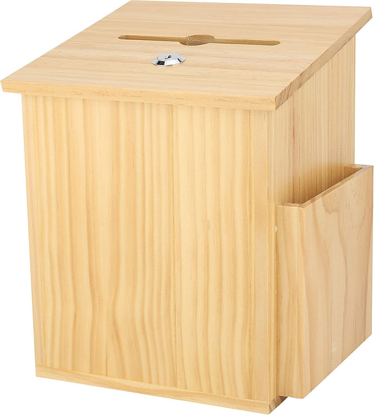 Wood Charity Donation collection Box Office suggestion Ballot Box With wide slot for envelopes and suggestion comment forms, side Pocket and Locking Hinged Lid & Pen for Table Or Counter-top(Natural)