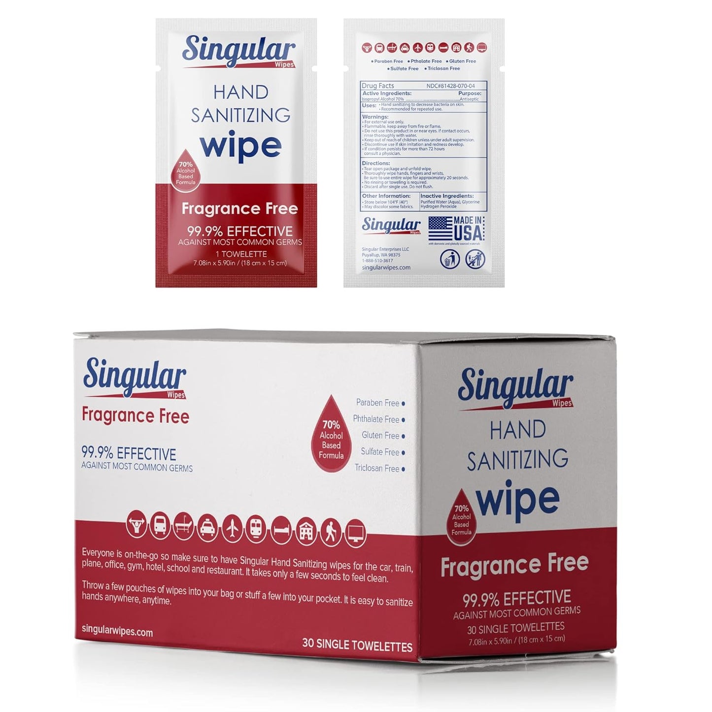 Hand Sanitizing Wipes Travel Size by Singular Wipes –30ct Individually Wrapped | Fragrance-Free, Moisturizing, 70% Isopropyl Alcohol Wipes | Travel, Home, Office, Daily Use | Made in USA