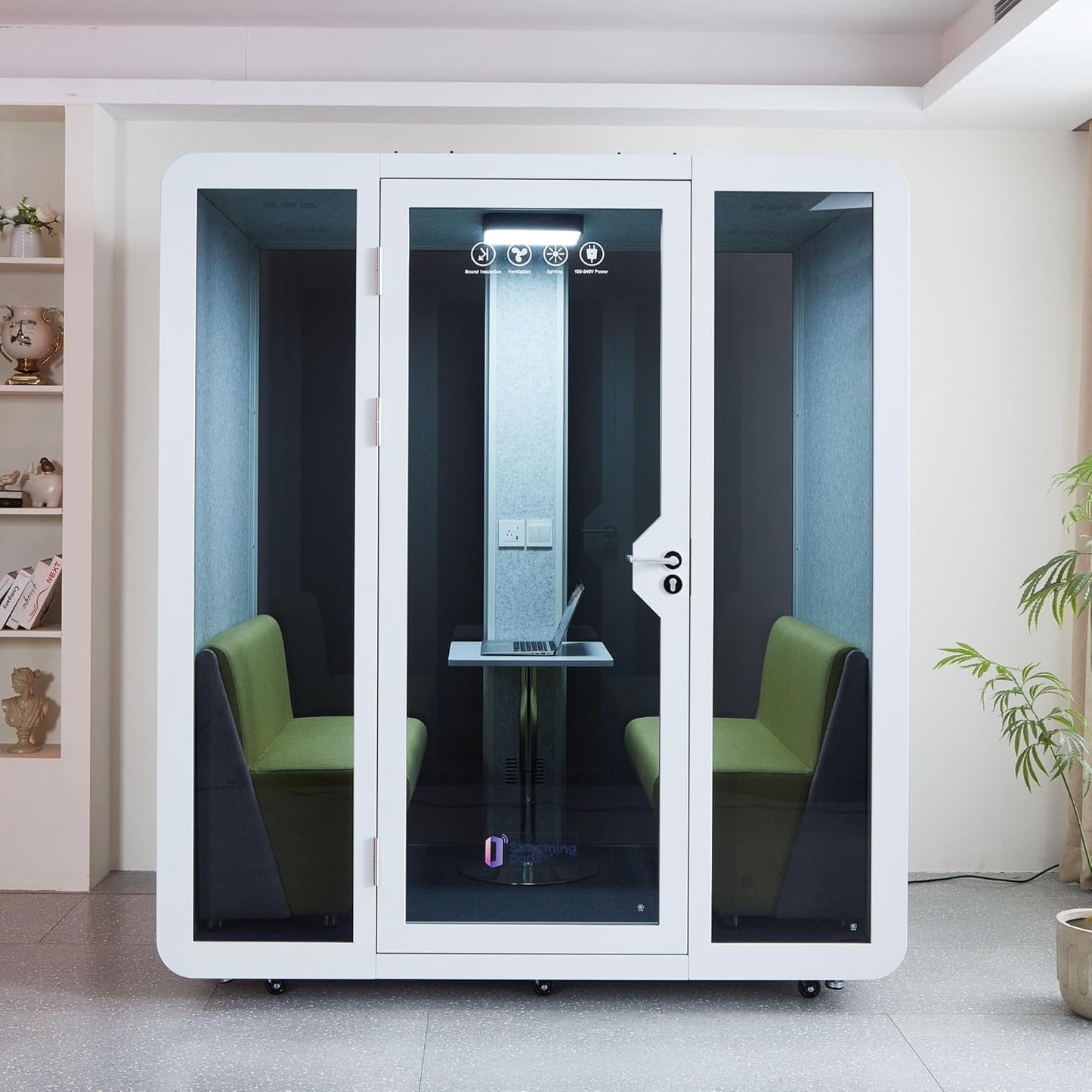 GEARONIC Mobile Office Pod Booth, Sound Proof Office Pod Booth with Mobile Roller, Larger Space for 2-4 People, LED Lighting System,Fans and AC USB Ports（White-Grey）