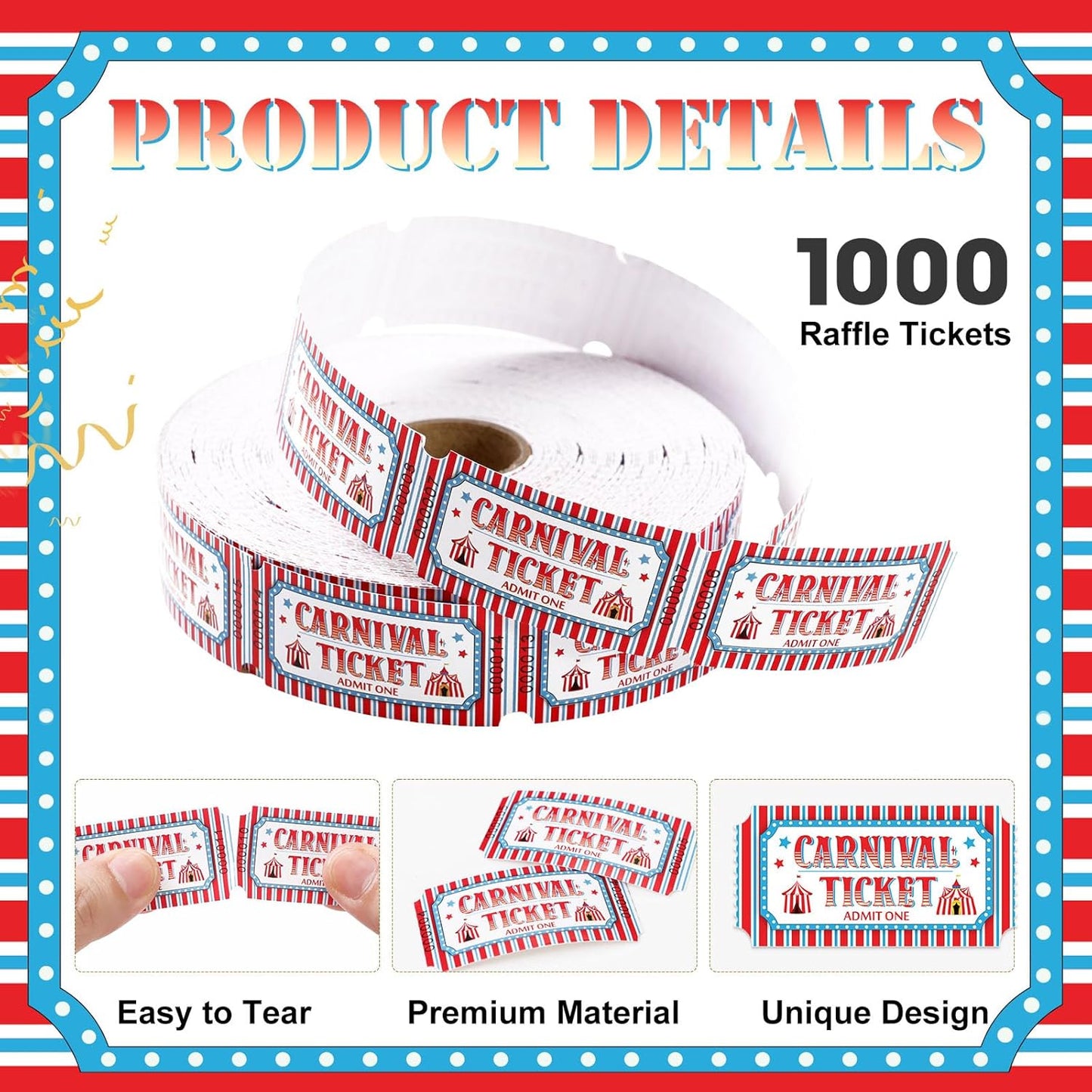 1000 Pcs Carnival Tickets Carnival Theme Party Decorations Circus Red White Blue Color Raffle Tickets Roll Party Ticket for Events Carnival Favors Supplies