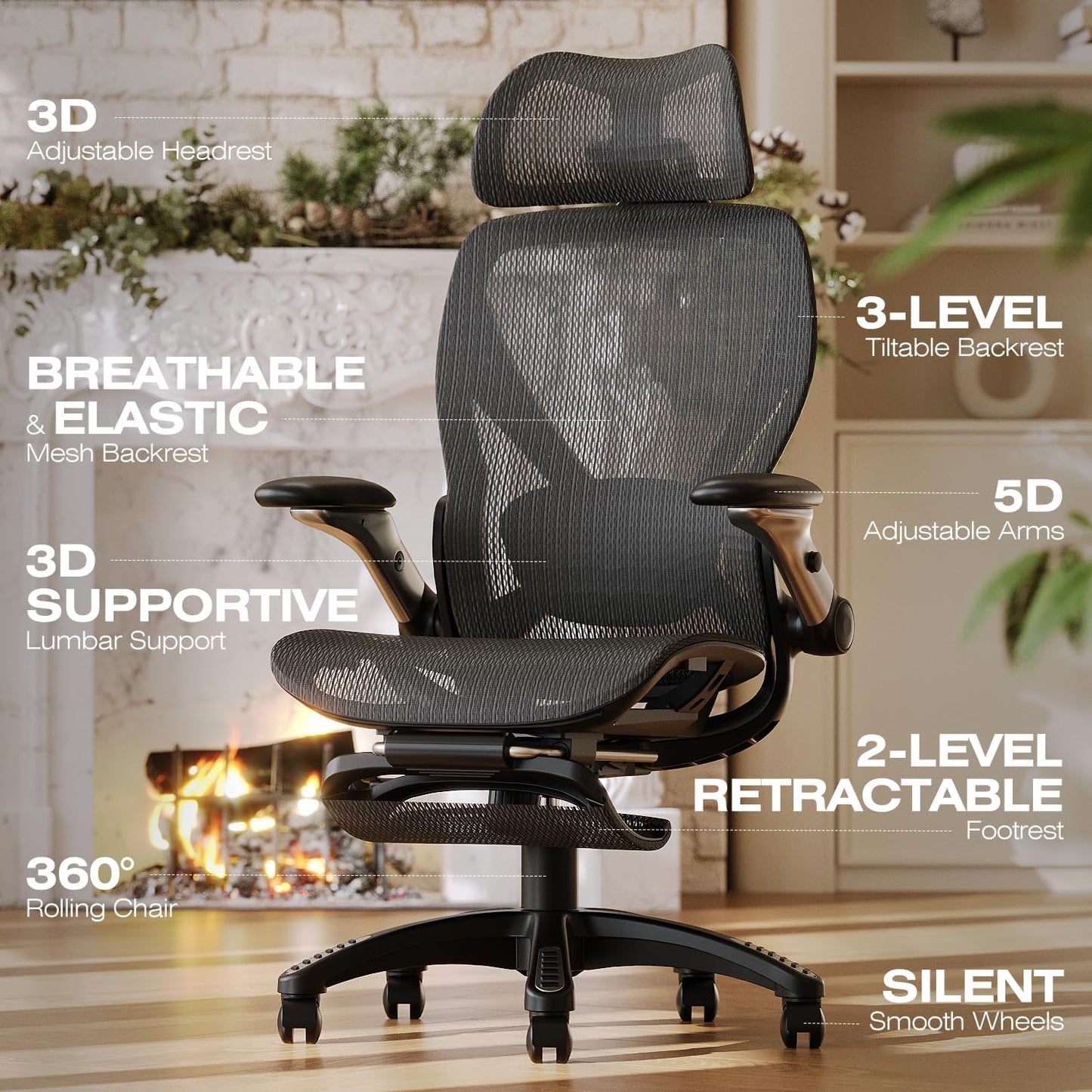 ELABEST X100 Ergonomic Office Chair with Footrest, Big and Tall Home Desk Chair with 5D Flip-Up Arms, Adjustable 3D Lumbar Support,High Back Rolling Computer Chair, Swivel Mesh Chairs (Midnight Mist)