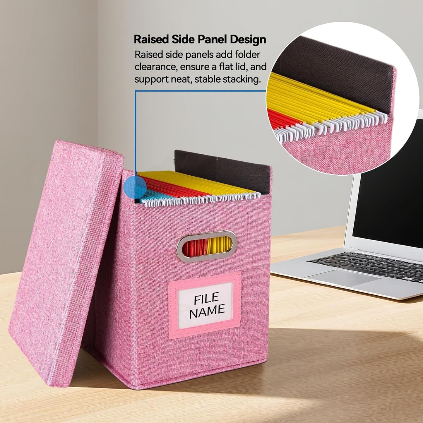 2 Pack Hanging File Folders Organizer with Lid, Letter Size Fabric File Storage Box Collapsible, Portable Office Document Holder with Metal Handle, Smooth PVC Rails, Pink