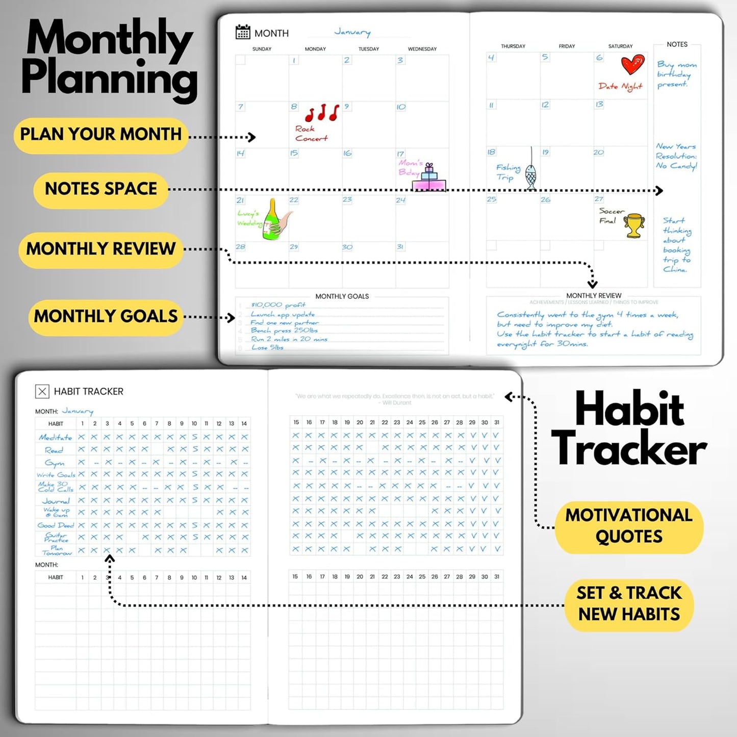 Undated Daily Planner – 6-Month A5 Productivity Organizer with Full Page Per Day, Hourly Schedule, Goal Setting, Habit Tracker, Weekly & Monthly Pages – Hardcover Time Management Notebook (Gray)