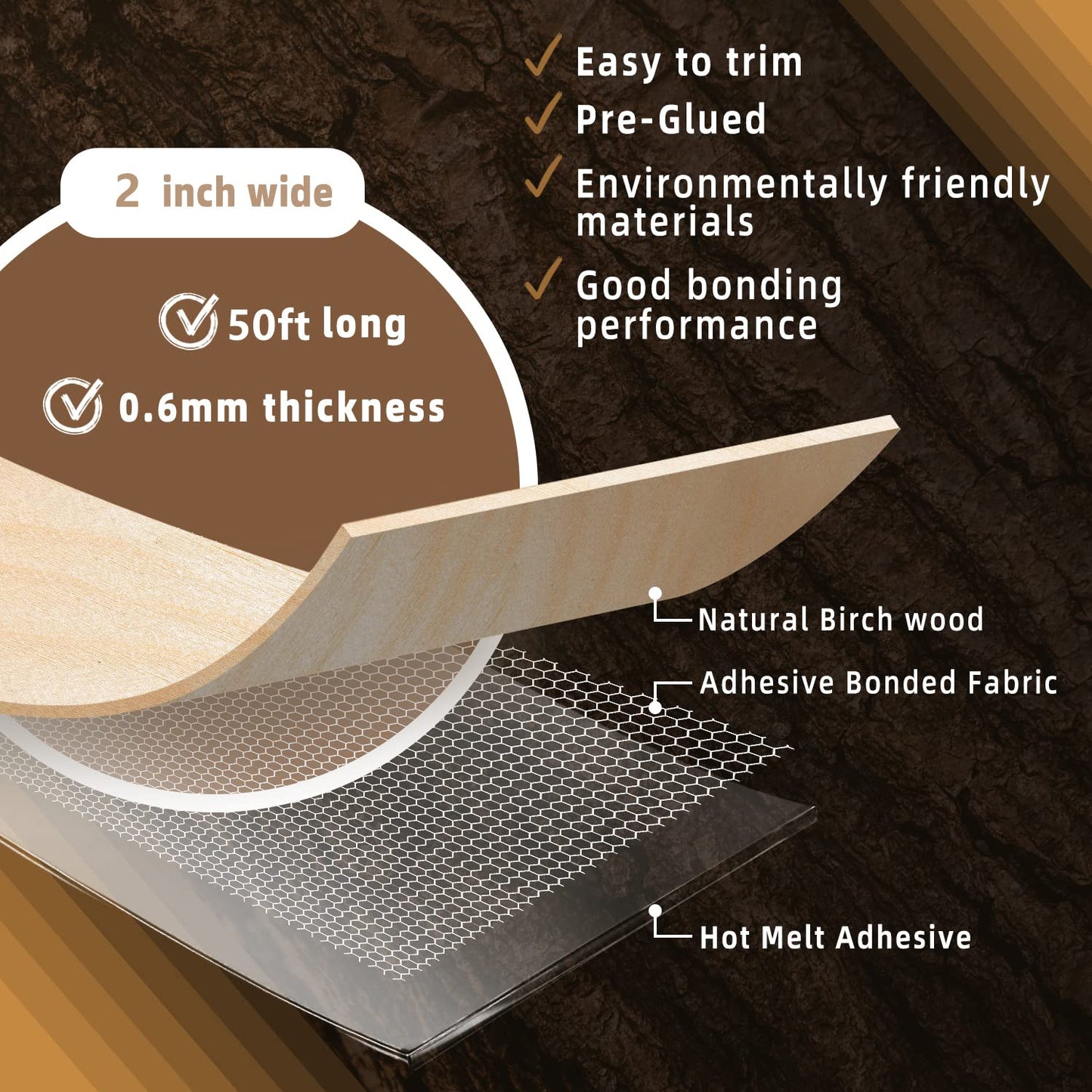 GSCIT Club Birch Edge Banding, 2 inch x 50ft roll of Veneer Edge Banding Preglued Flexible, Real Wood Tape Banding