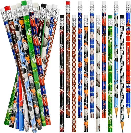 Cinrobiye 96 Pcs Sports Pencils Bulk, Basketball Football Baseball Scoeer Wood Pencils with Erasers Sports for School Prizes Classroom Exchange Gifts Party Favors Supplies, Stationary Gifts