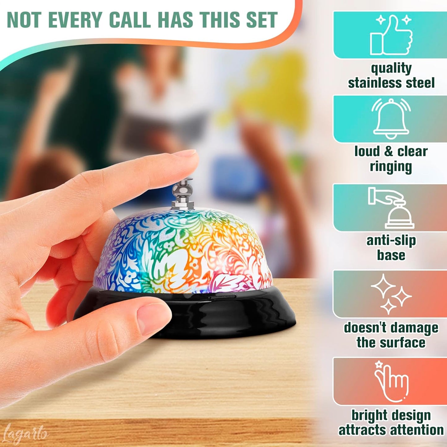 Desk Bell for Service – Floral Design Classroom Bell for Teachers, Stainless Steel 3.35 x 2.56 with Non-Slip Base & Clear Sound, Easy to Clean – Desk Bells for Classroom, Hotels, Stores & Offices