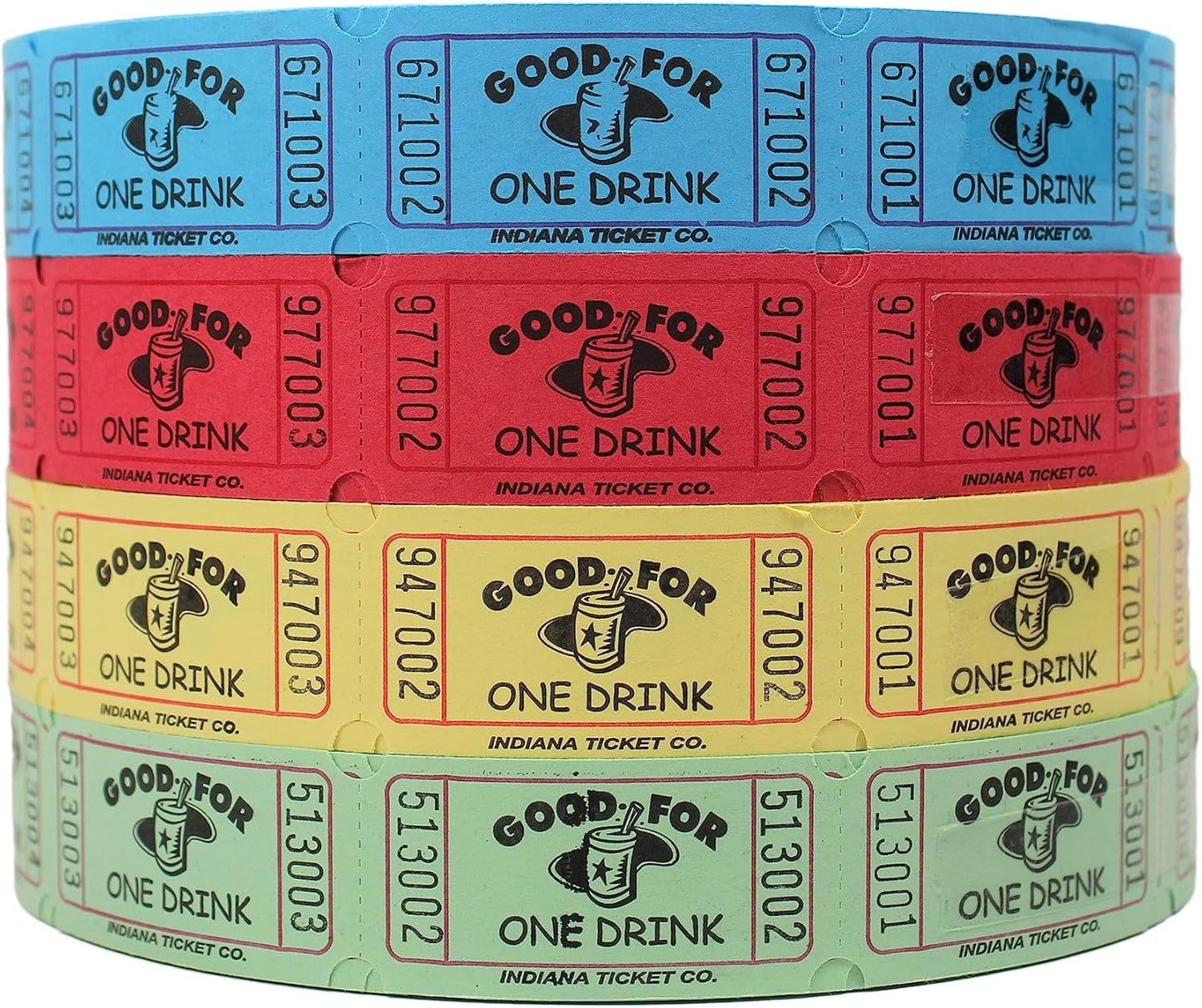 INDIANA TICKET CO. Drink Roll Tickets,1 Each of Red,Blue,Yellow & Green 2000 Tickets per Single Roll, 1x2 Tickets Admission, Events, Fundraisers & Prizes (Pack of 4)