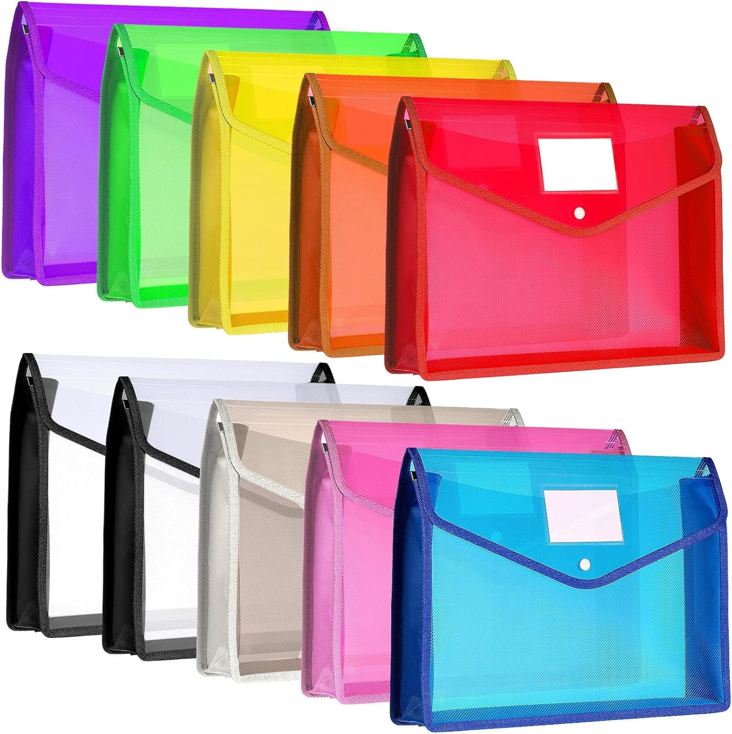 10 Pieces Plastic File Folders Envelope Expanding File Wallet Organizer Documents Folder with Snap Closure and Pocket, A4 Size Waterproof Transparent Pouch(Multicolor,Horizontal)