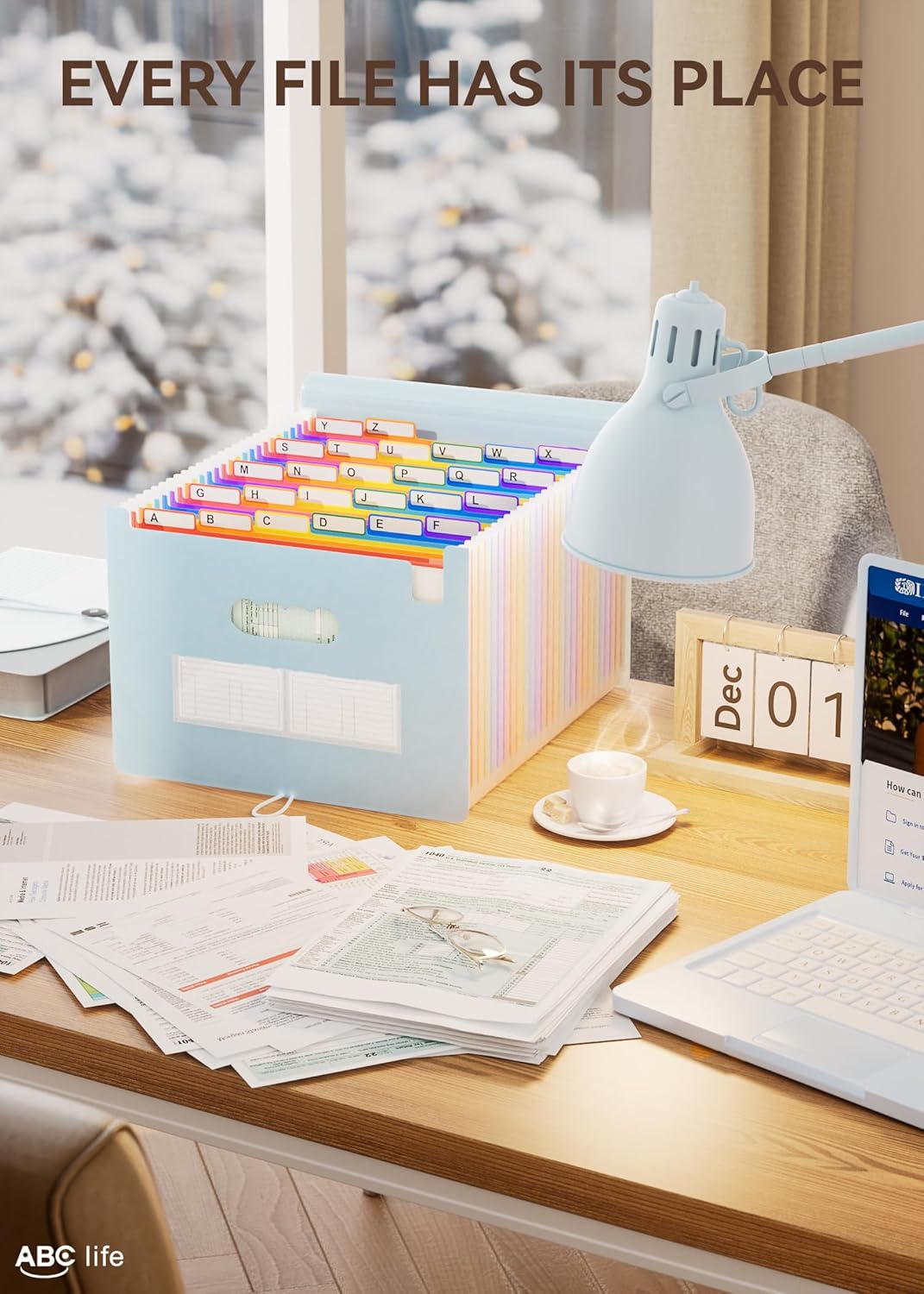 ABC life 26 Pockets Accordion File Organizer, Expanding File Folder, Portable Monthly Paper Bill Tax Receipt Organizer, Letter A4 Size Document Organizer with Blank Labels - Light Blue