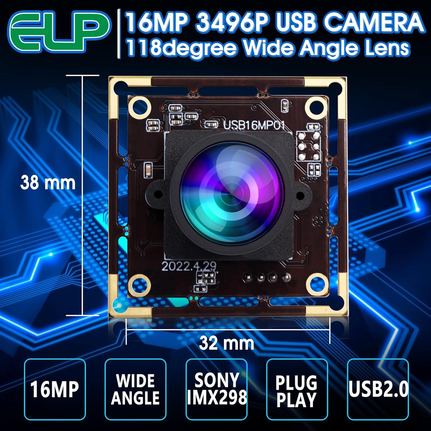 ELP 16MP Wide Angle USB Camera Module for Raspberry Pi and Computer 4K Mini UVC USB2.0 Video Webcam Board with 118degree No Distortion Lens IMX298 Industrial PC Lightburn Camera for Laptop,Jetson Nano