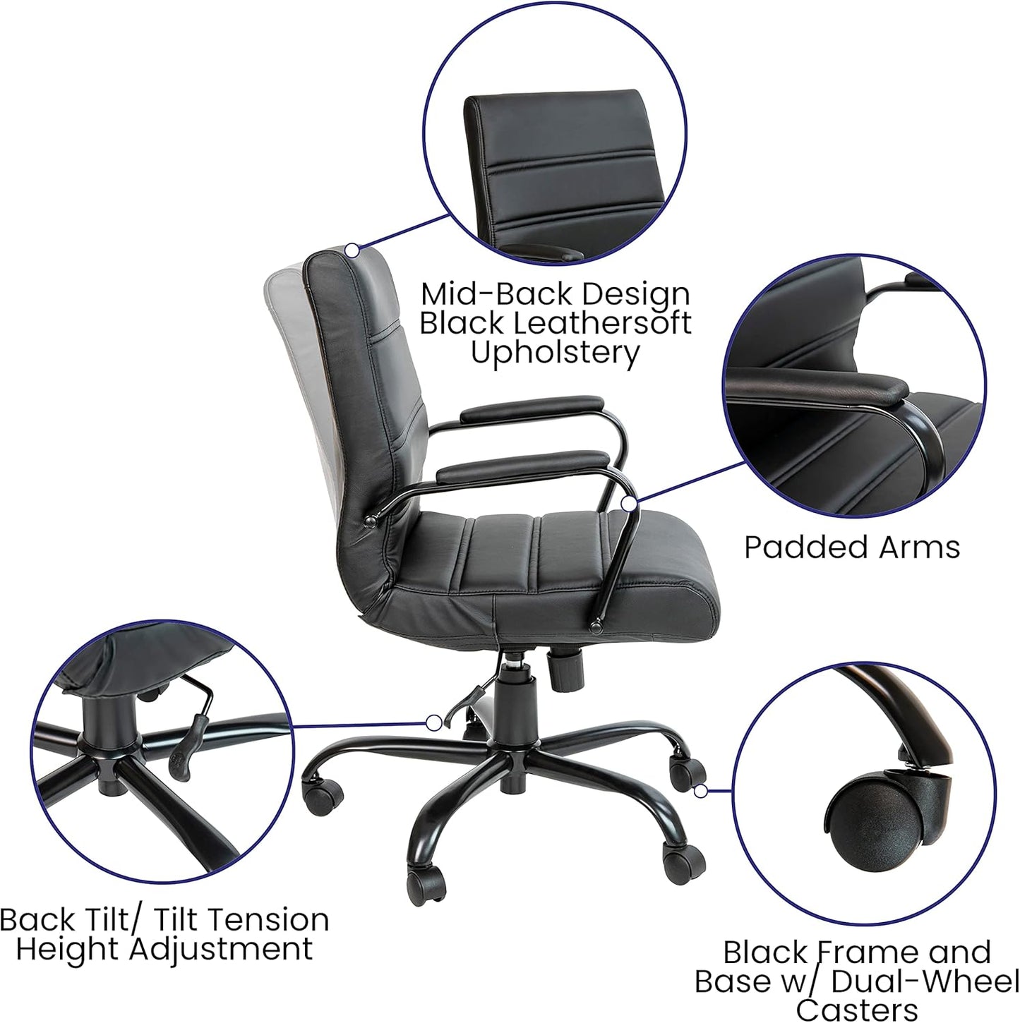 Flash Furniture Whitney Mid-Back Swivel LeatherSoft Desk Chair with Padded Seat and Armrests, Adjustable Height Padded Office Chair, Black