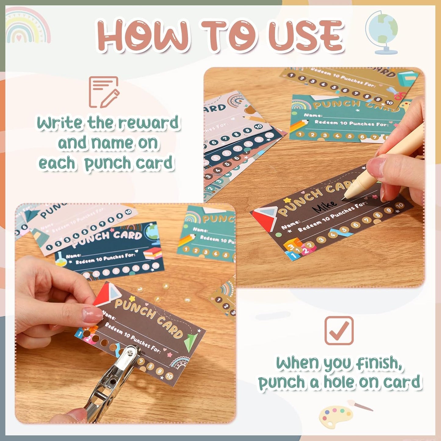 Fumete 400 Pcs Punch Cards for Classroom Reward Cards Behavior Incentive Loyalty Awards for Kids Students Teachers School Business, 8 Styles, 3.5 x 2 in(10 Morandi Punches Style)