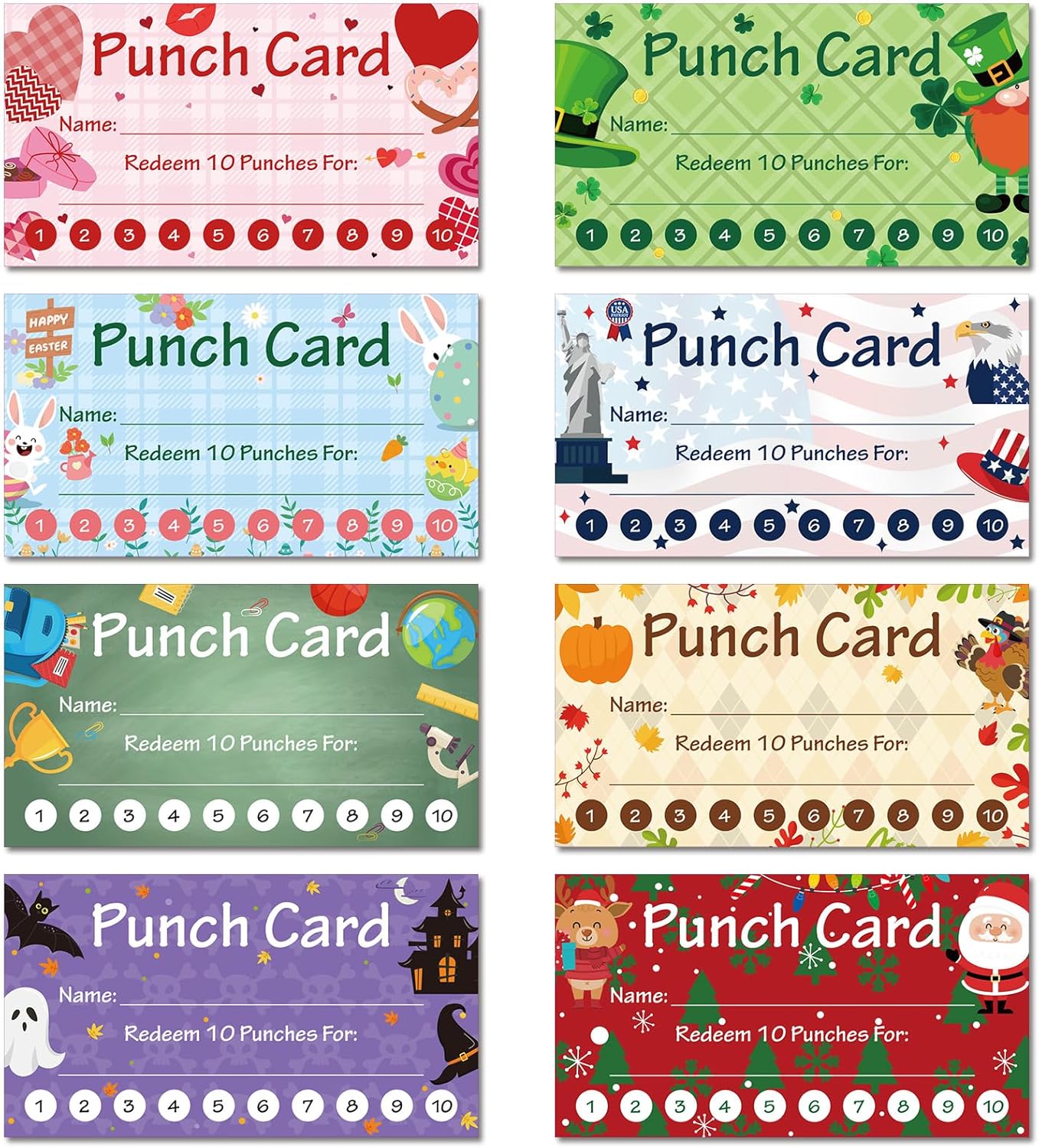 Fumete 400 Pcs Punch Cards for Classroom Reward Cards Behavior Incentive Loyalty Awards for Kids Students Teachers School Business, 8 Styles, 3.5 x 2 in(10 Holiday Punches Style)